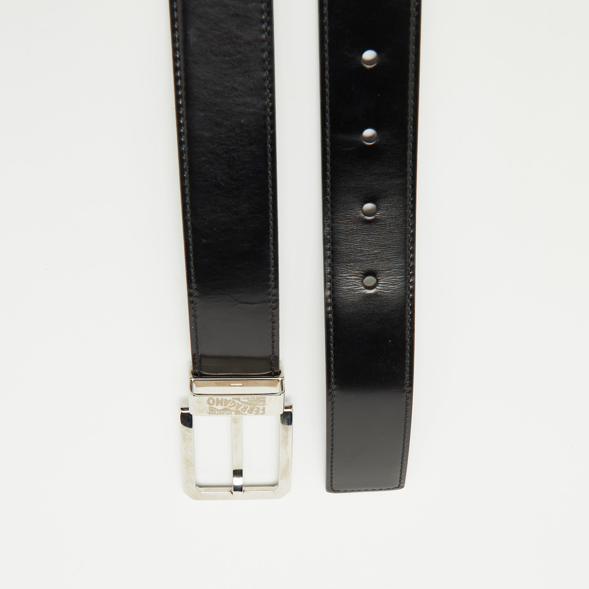Salvatore Ferragamo Black/Dark Brown Leather Cut to Size Buckle Belt 