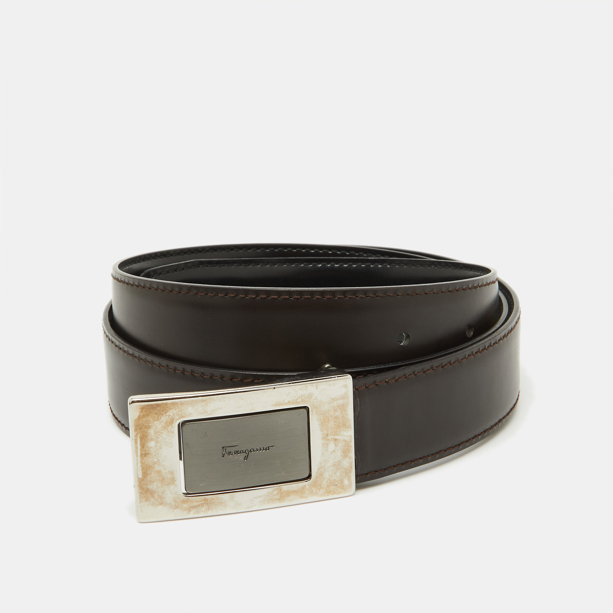 

Salvatore Ferragamo Black/Dark Brown Leather Cut to Size Buckle Belt