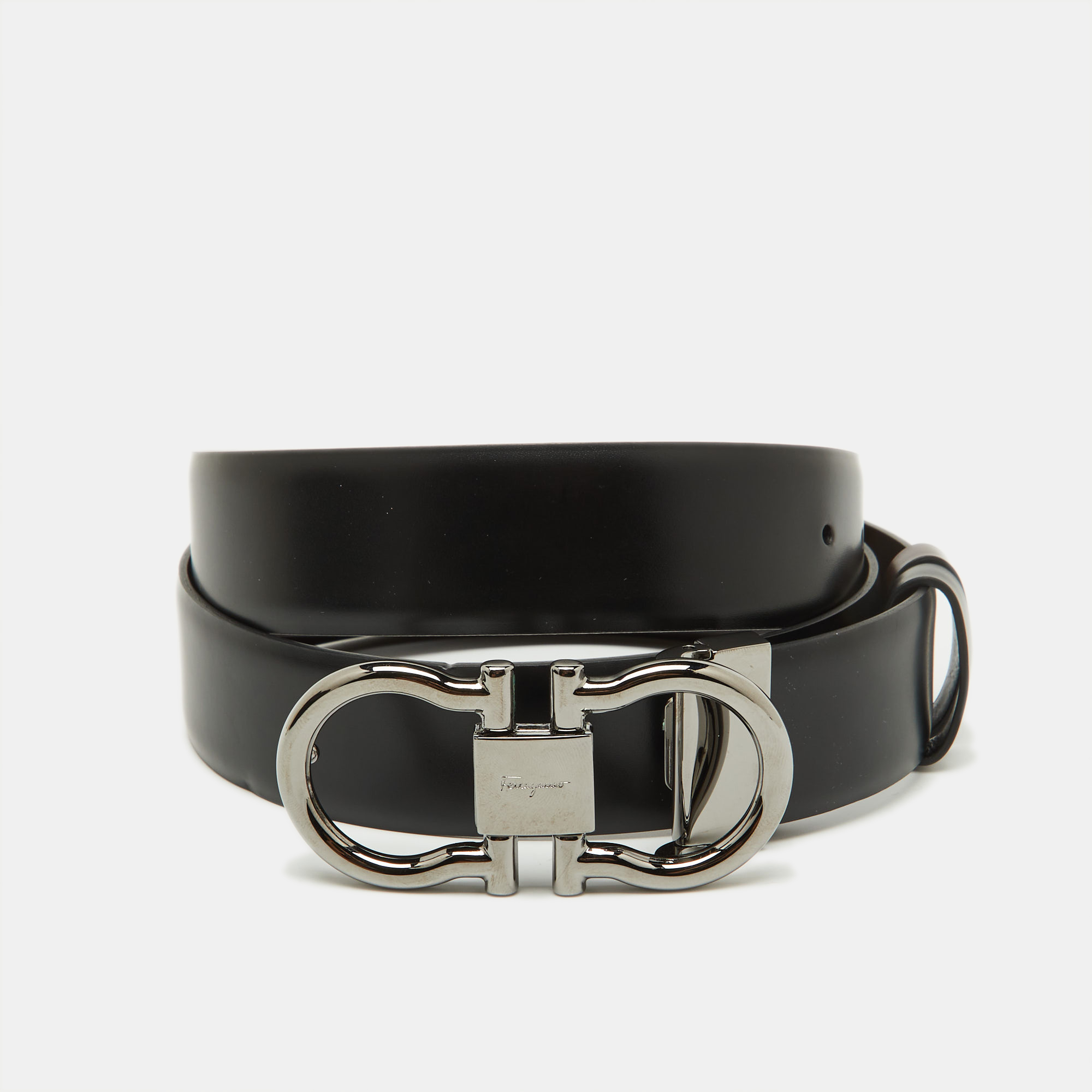 

Salvatore Ferragamo Black/Dark Brown Leather Cut to Size Gancini Buckle Belt