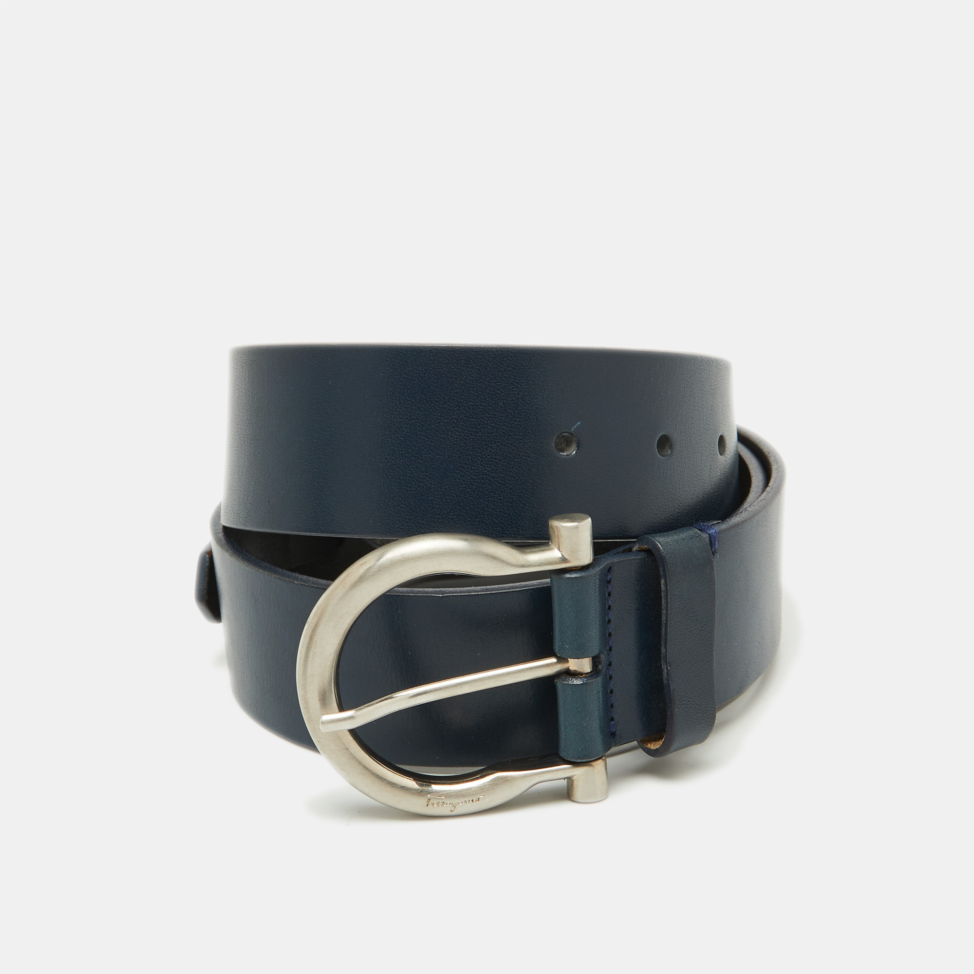 

Salvatore Ferragamo Dark Blue Leather Gancio Buckle Belt