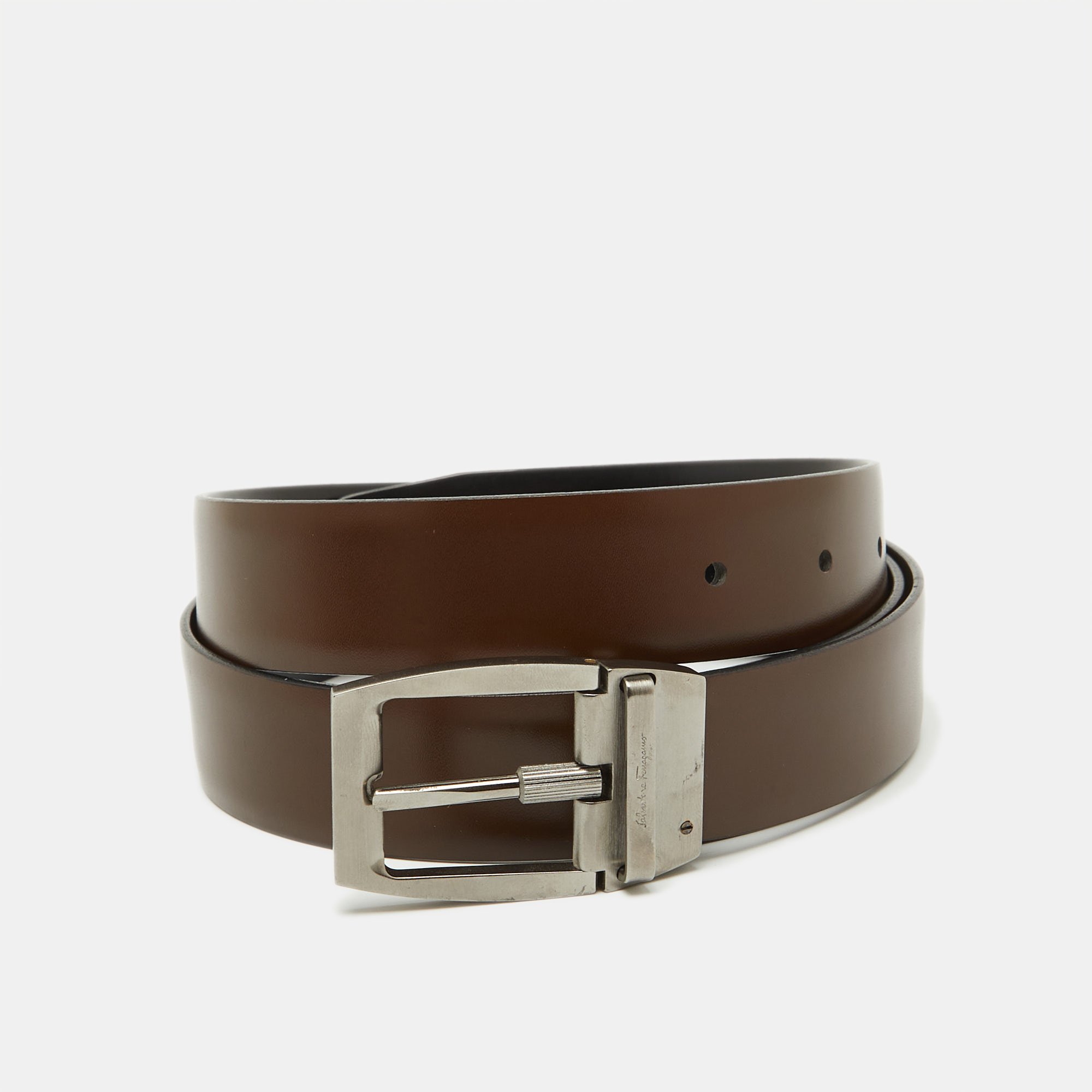 

Salvatore Ferragamo Dark Brown/Black Leather Cut to Size Buckle Belt