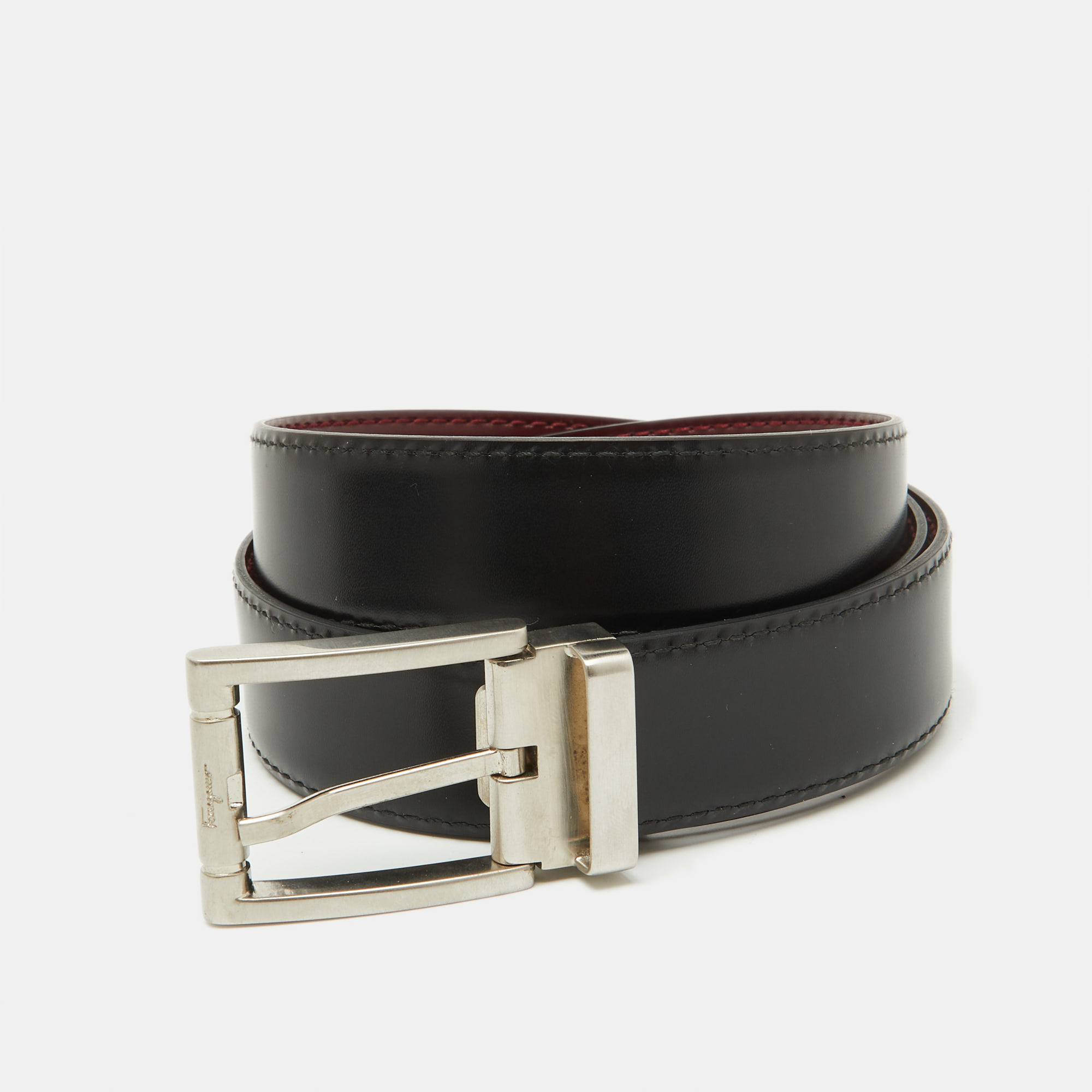 

Salvatore Ferragamo Burgundy/Black Leather Cut to Size Buckle Belt