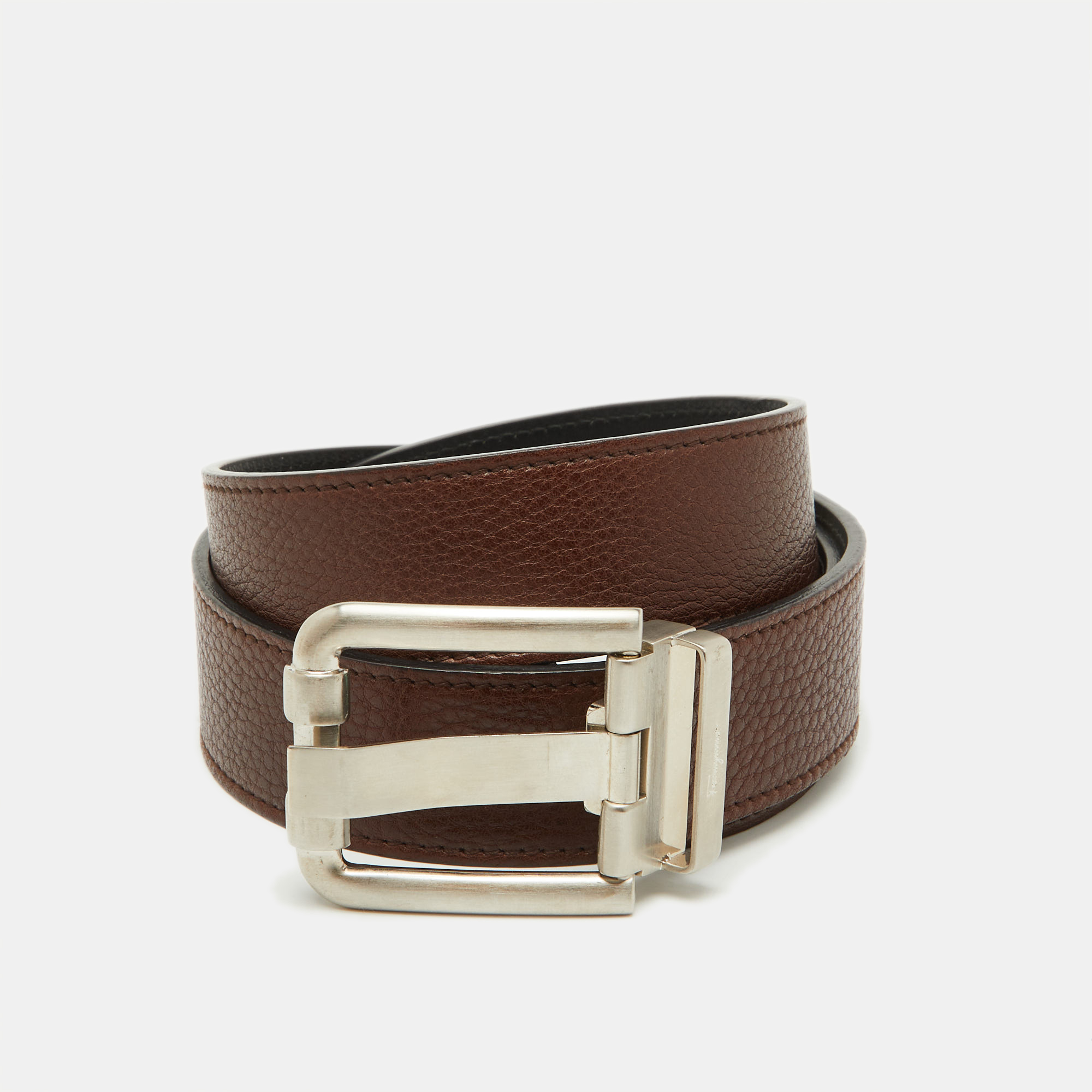 

Salvatore Ferragamo Dark Brown/Black Leather Cut to Size Buckle Belt