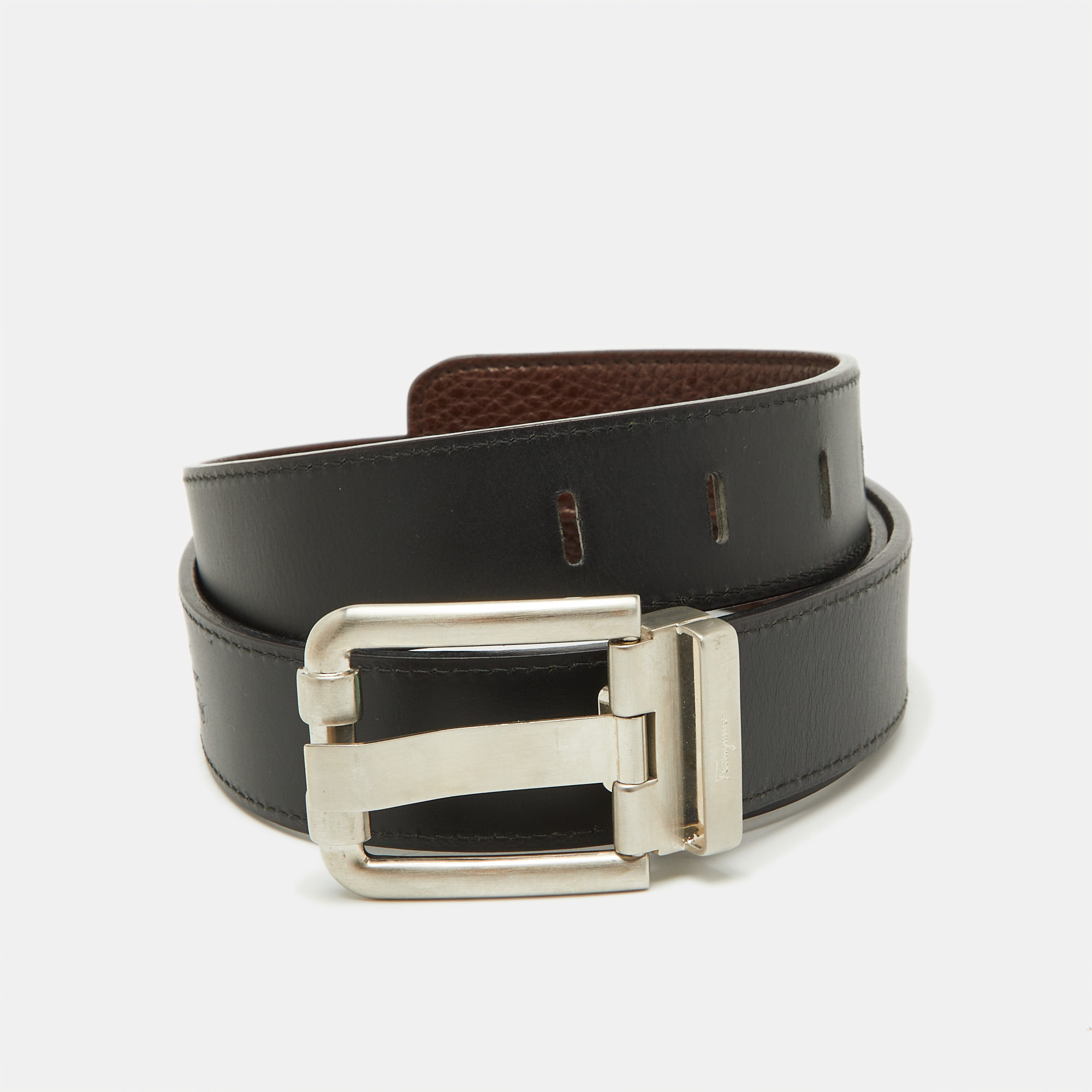 Salvatore Ferragamo Dark Brown/Black Leather Cut to Size Buckle Belt 