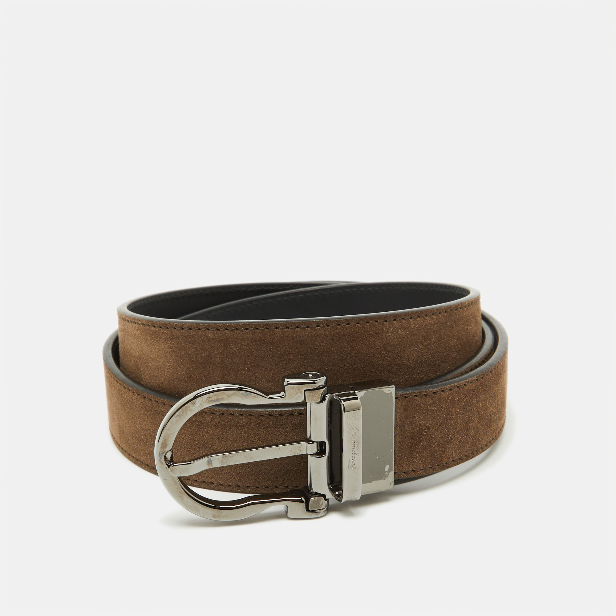 

Salvatore Ferragamo Brown/Black Nubuck Leather Cut to Size Reversible Gancini Buckle Belt