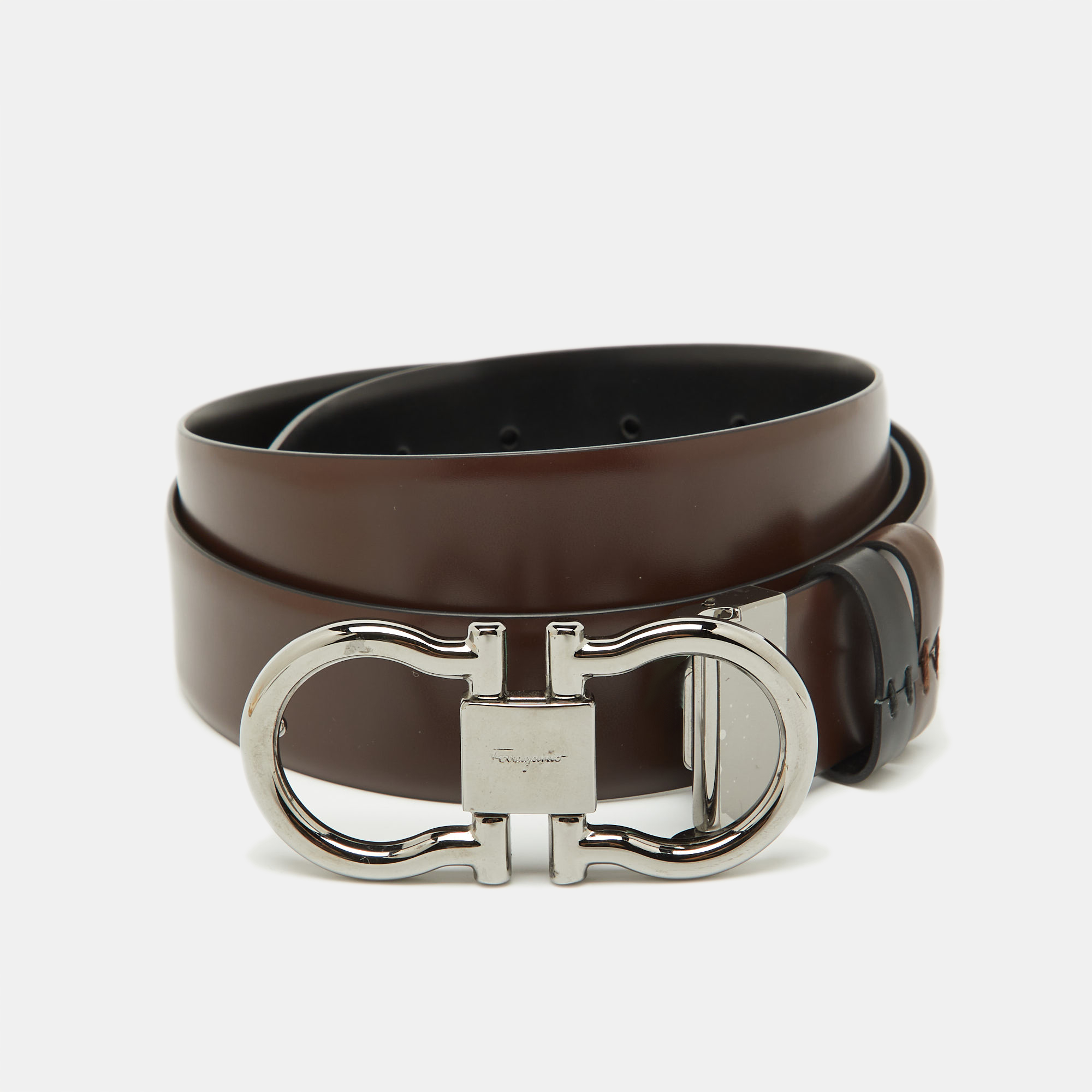 

Salvatore Ferragamo Black/Dark Brown Leather Cut to Size Gancini Buckle Belt