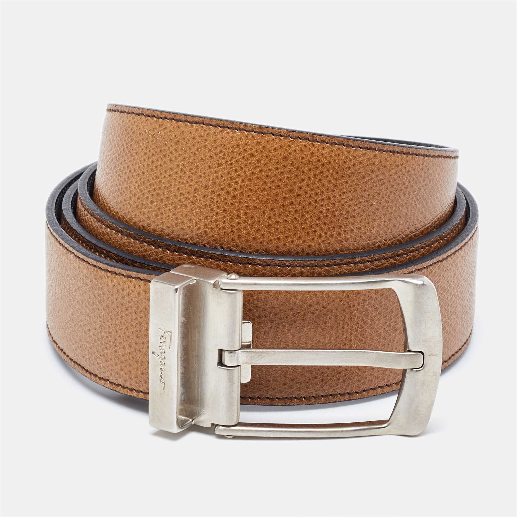 

Salvatore Ferragamo Tan/Black Leather Cut to Size Reversible Buckle Belt