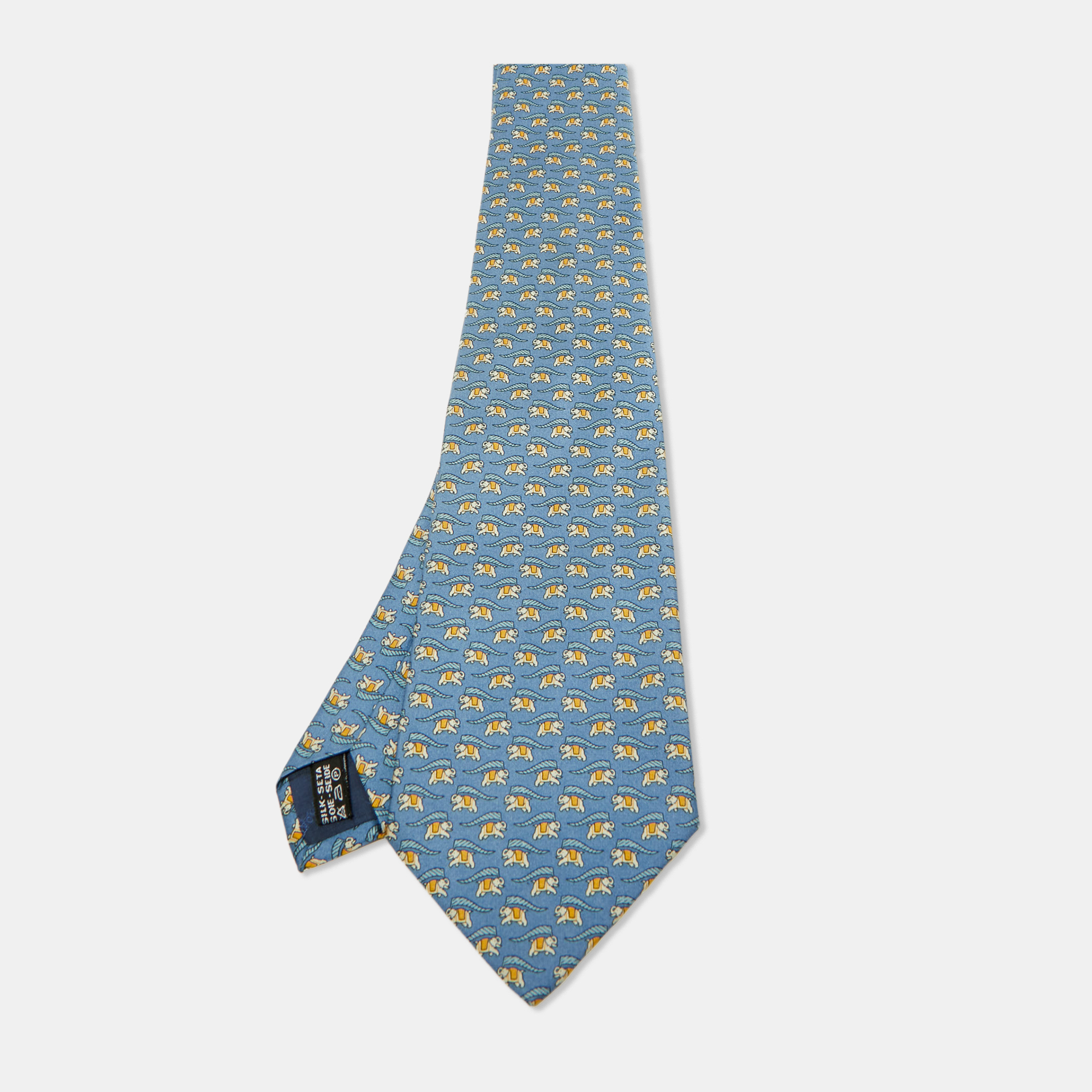

Salvatore Ferragamo Blue Elephant Print Silk Traditional Tie