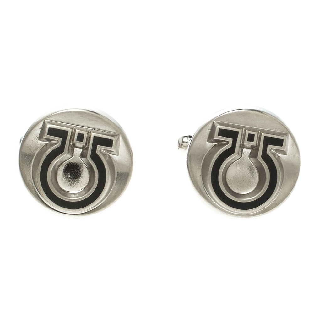 Pre Owned Salvatore Ferragamo Gancino Silver Tone Circular Cufflinks