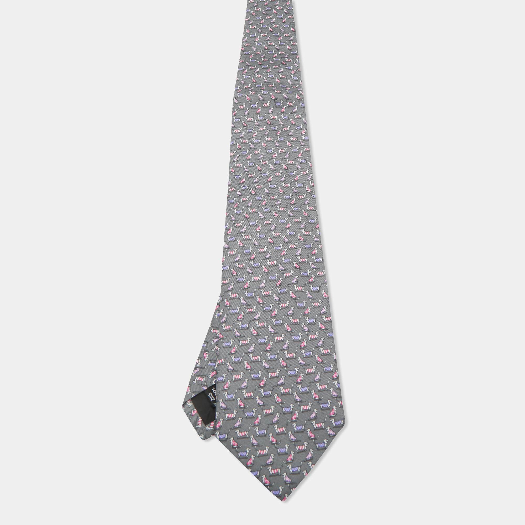 Pre-owned Ferragamo Grey Dogs Print Silk Traditional Tie In Gray