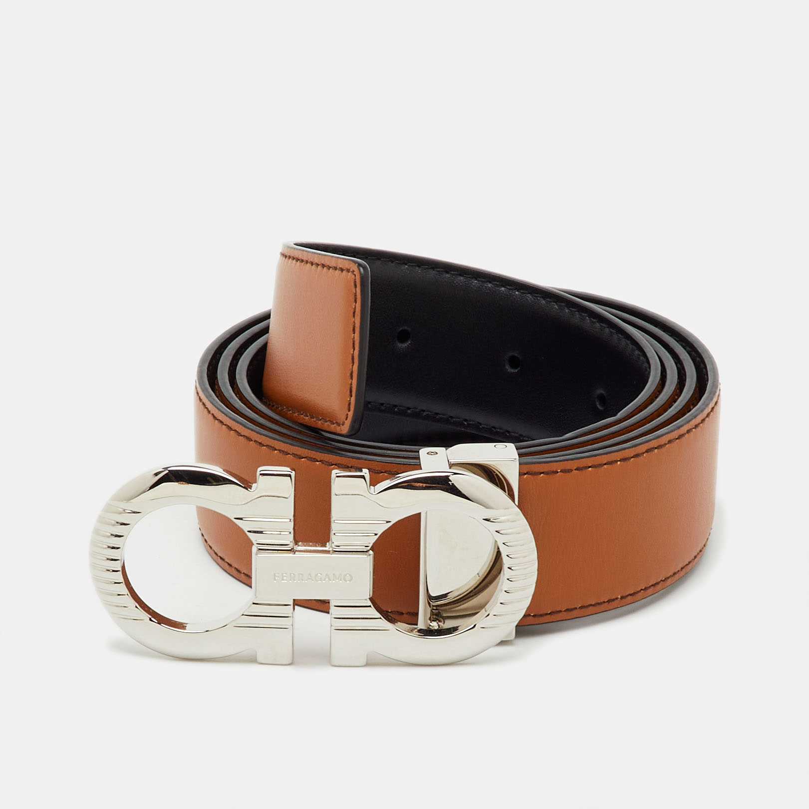 Pre-owned Ferragamo Brown/black Leather Gancini Buckle Reversible Cut To Size Belt