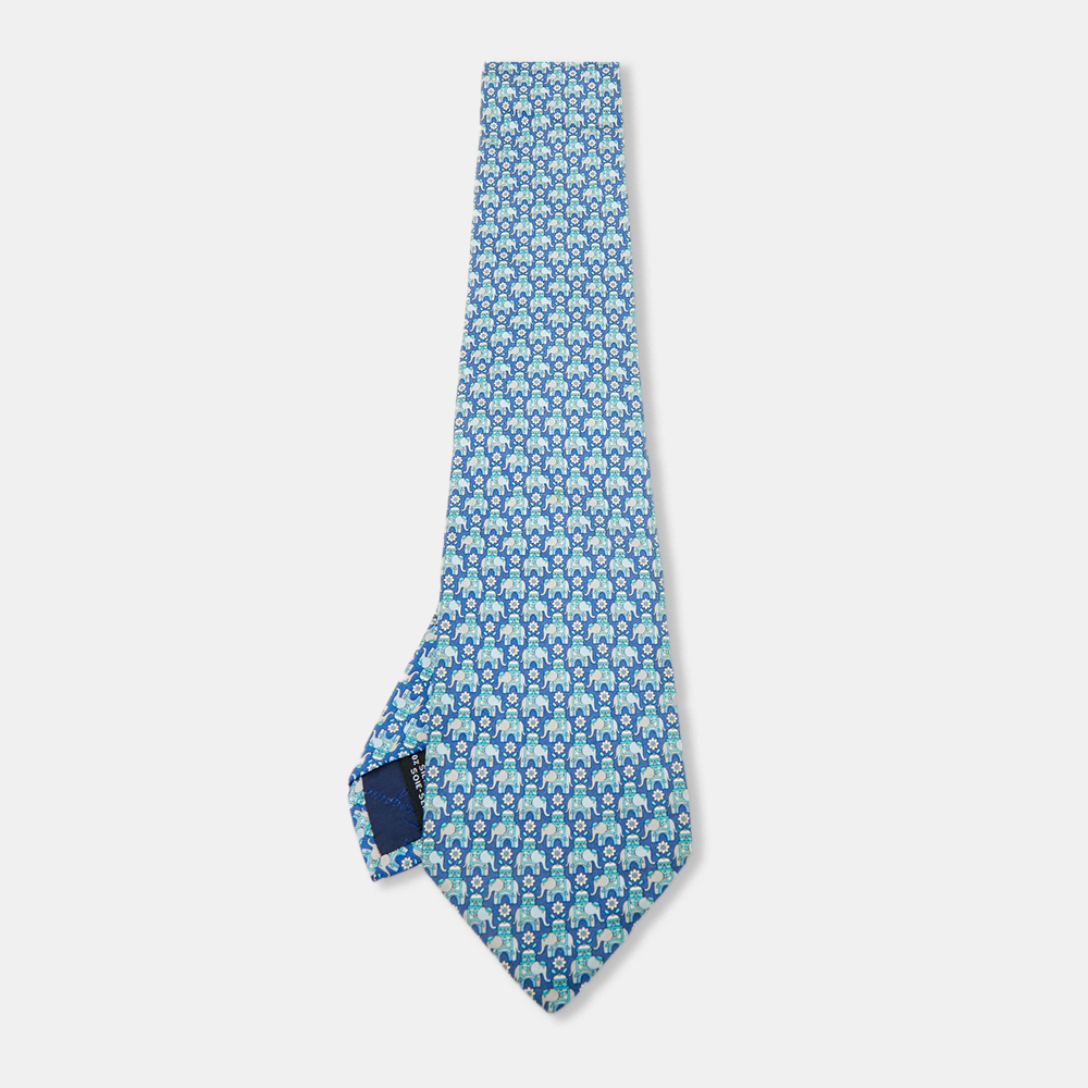 

Salvatore Ferragamo Blue Elephant Print Silk Tie