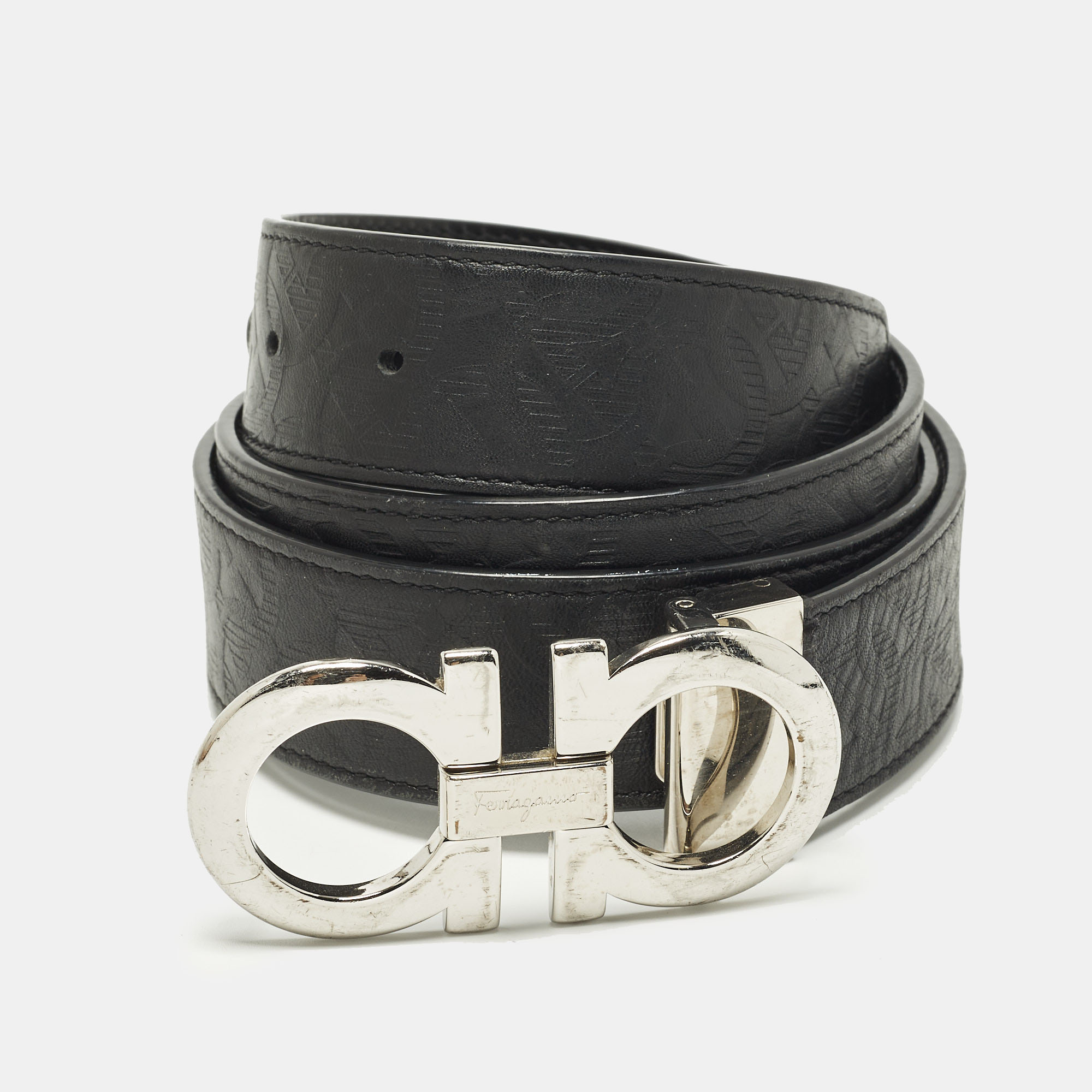 

Salvatore Ferragamo Double Gancio Cut to Size Belt Black Embossed Leather