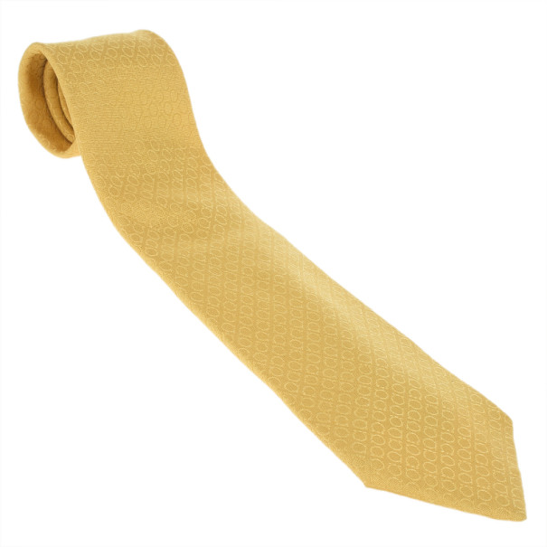 Pre Owned Salvatore Ferragamo Yellow Gancini Print Silk Tie