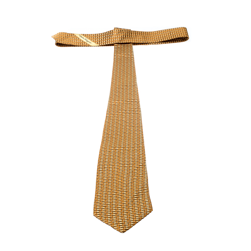 Pre-owned Ferragamo Vintage Mustard Textured Silk Jacquard Tie In Yellow