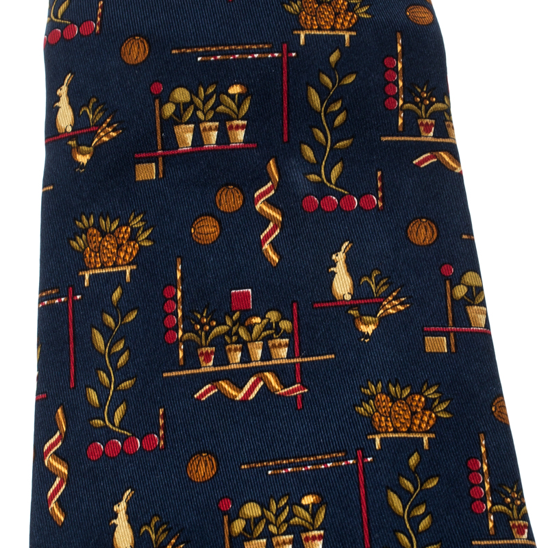 

Salvatore Ferragamo Navy Blue Pineapple and Flower Pot Print Silk Tie