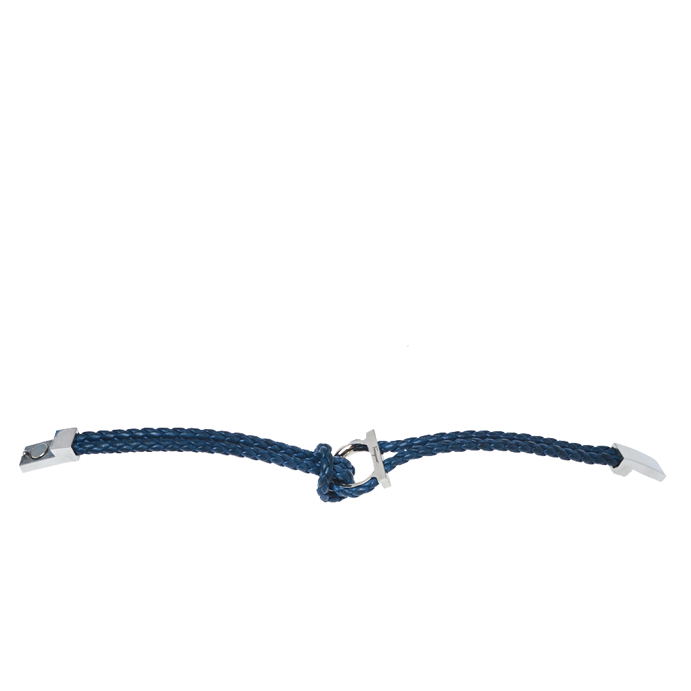 

Salvatore Ferragamo Braided Leather Gancini Silver Tone Double Strand Bracelet, Blue