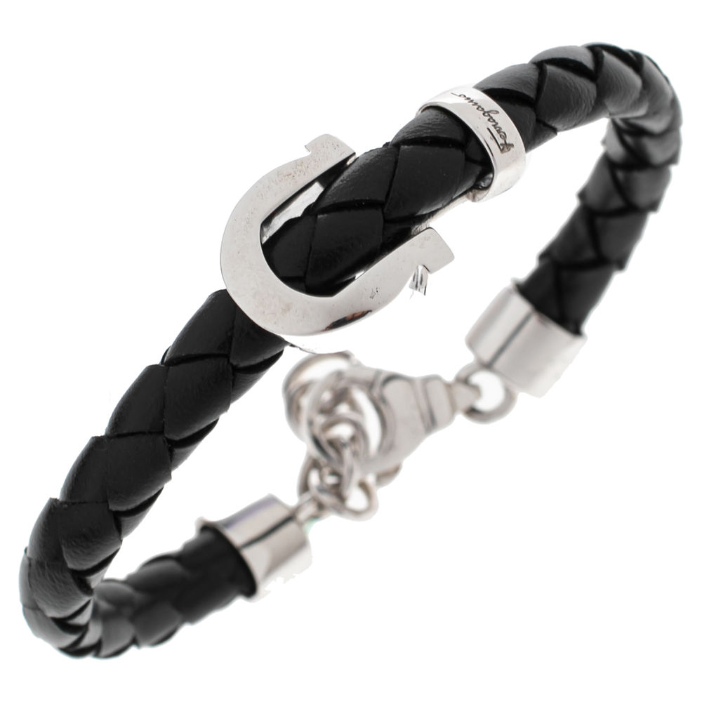 

Salvatore Ferragamo Black Braided Leather Gancio Bracelet