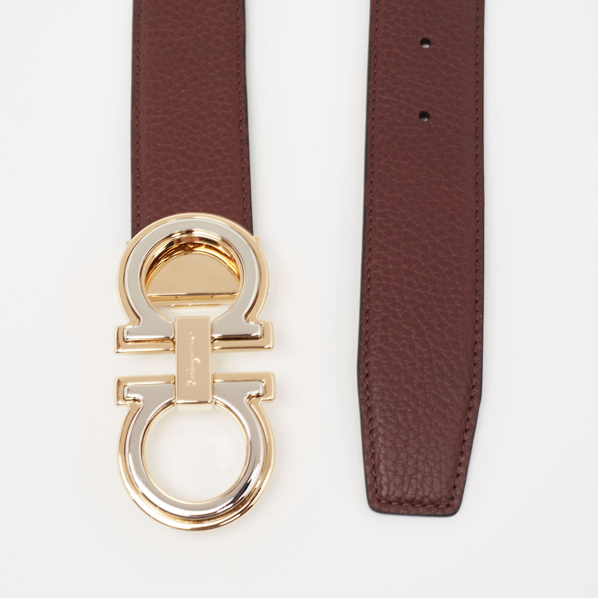 

Salvatore Ferragamo Burgundy/Black Leather Gancini Buckle Cut to Size Belt