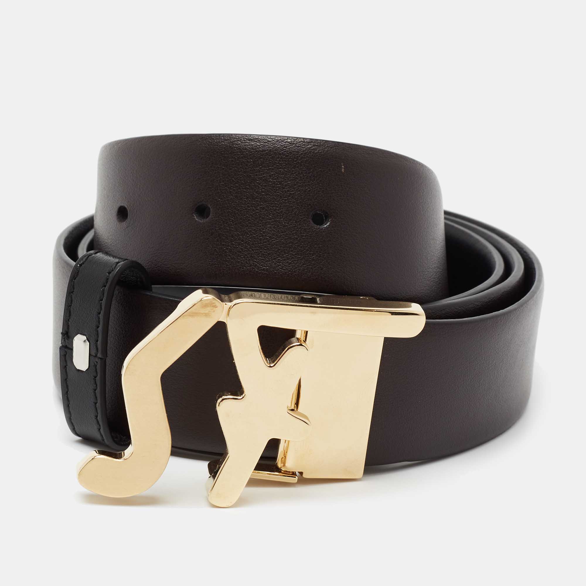 

Salvatore Ferragamo Black/Brown Leather SF Logo Cut to Size Reversible Belt