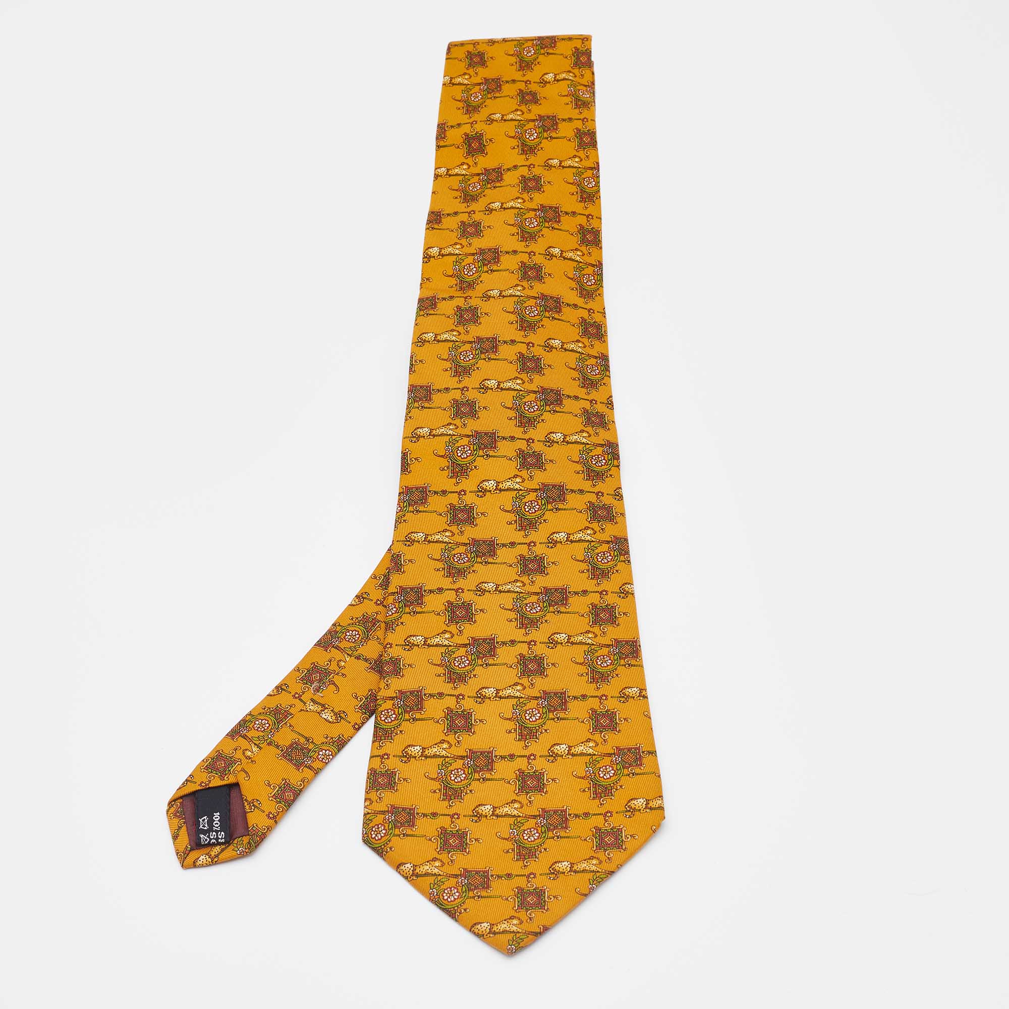 Pre-owned Salvatore Ferragamo Mustard Yellow Animal Print Silk Tie