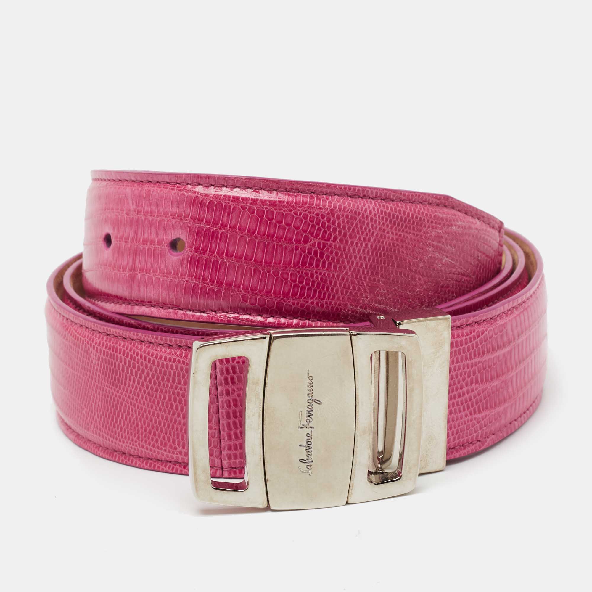 Pre-owned Salvatore Ferragamo Pink Lizard Adjustable Buckle Belt 105cm