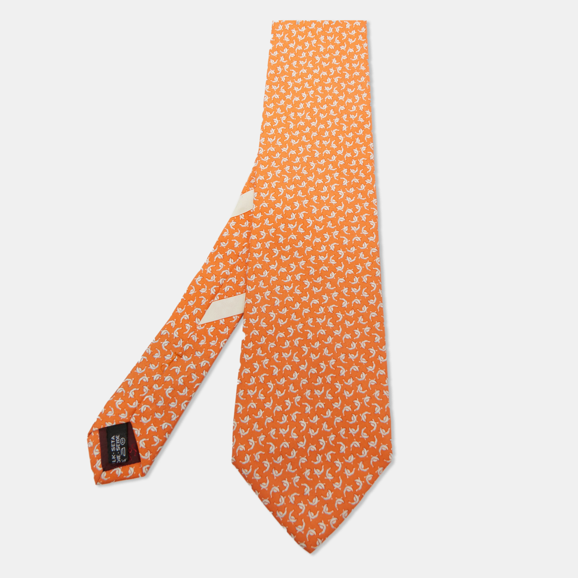Pre-owned Salvatore Ferragamo Orange Printed Silk Traditional Tie