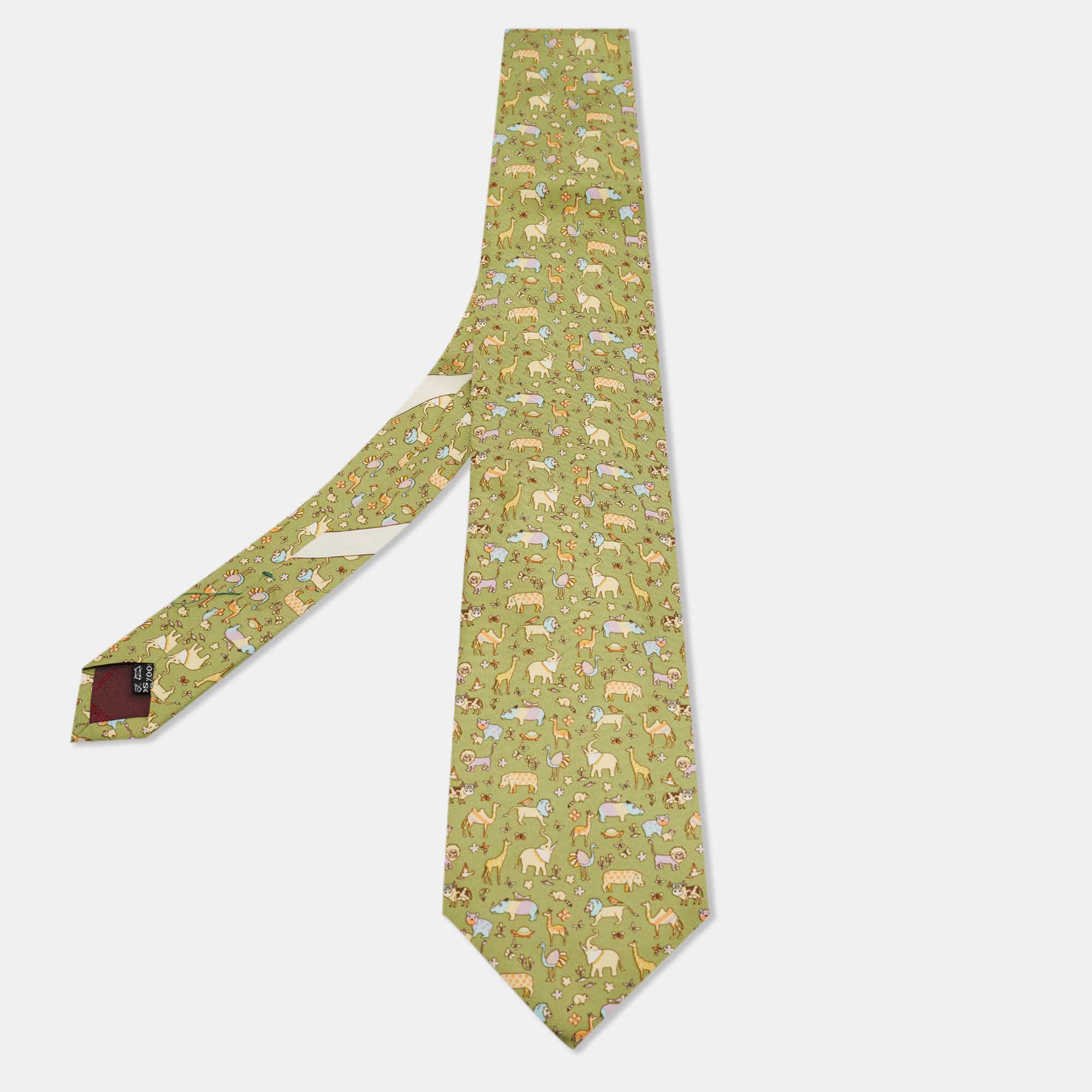 Pre-owned Salvatore Ferragamo Green Animal Printed Silk Tie