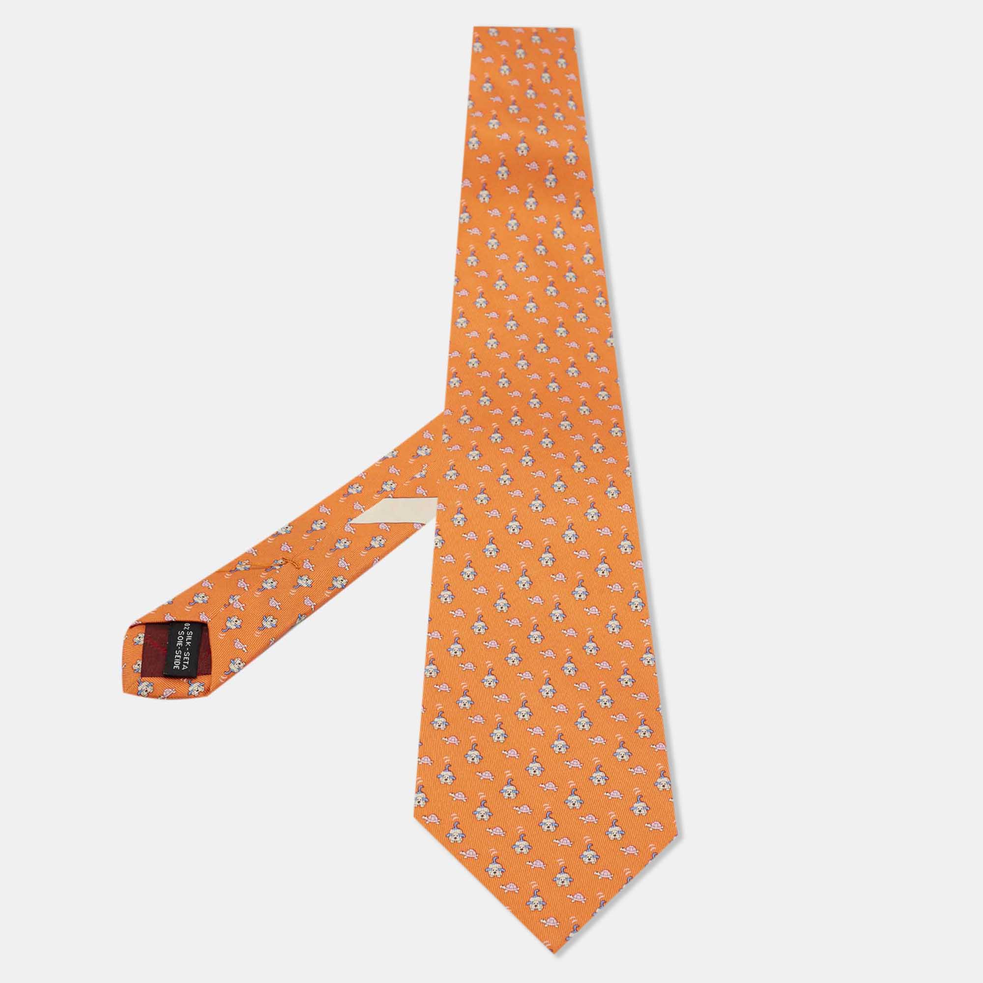 Pre-owned Salvatore Ferragamo Orange Printed Silk Classic Tie
