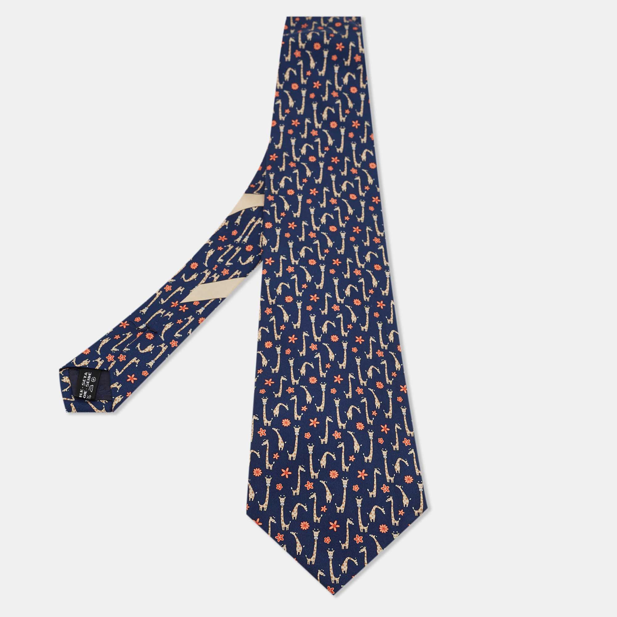 Pre-owned Salvatore Ferragamo Navy Blue Giraffe Print Silk Traditional Tie