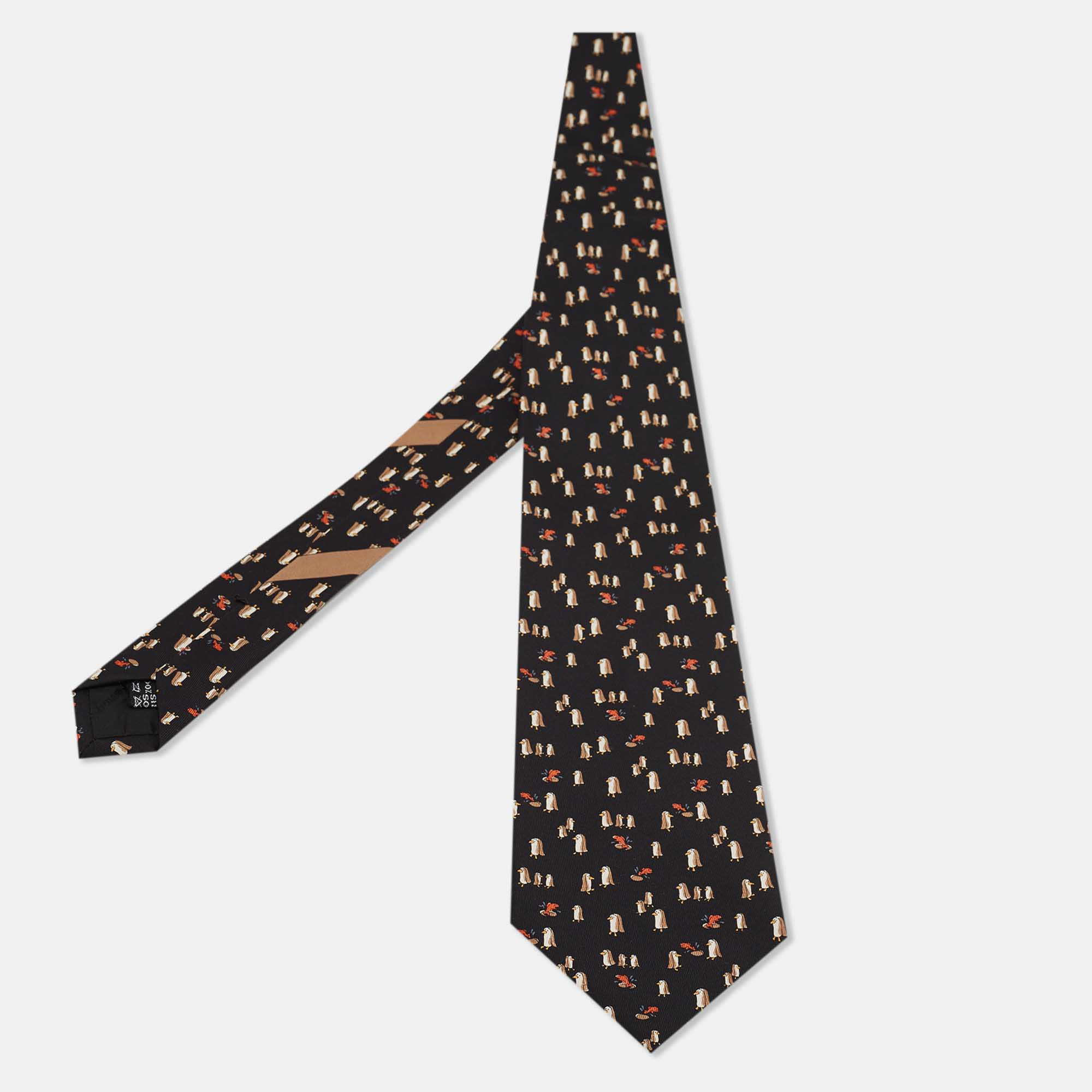 Pre-owned Salvatore Ferragamo Black Printed Silk Classic Tie