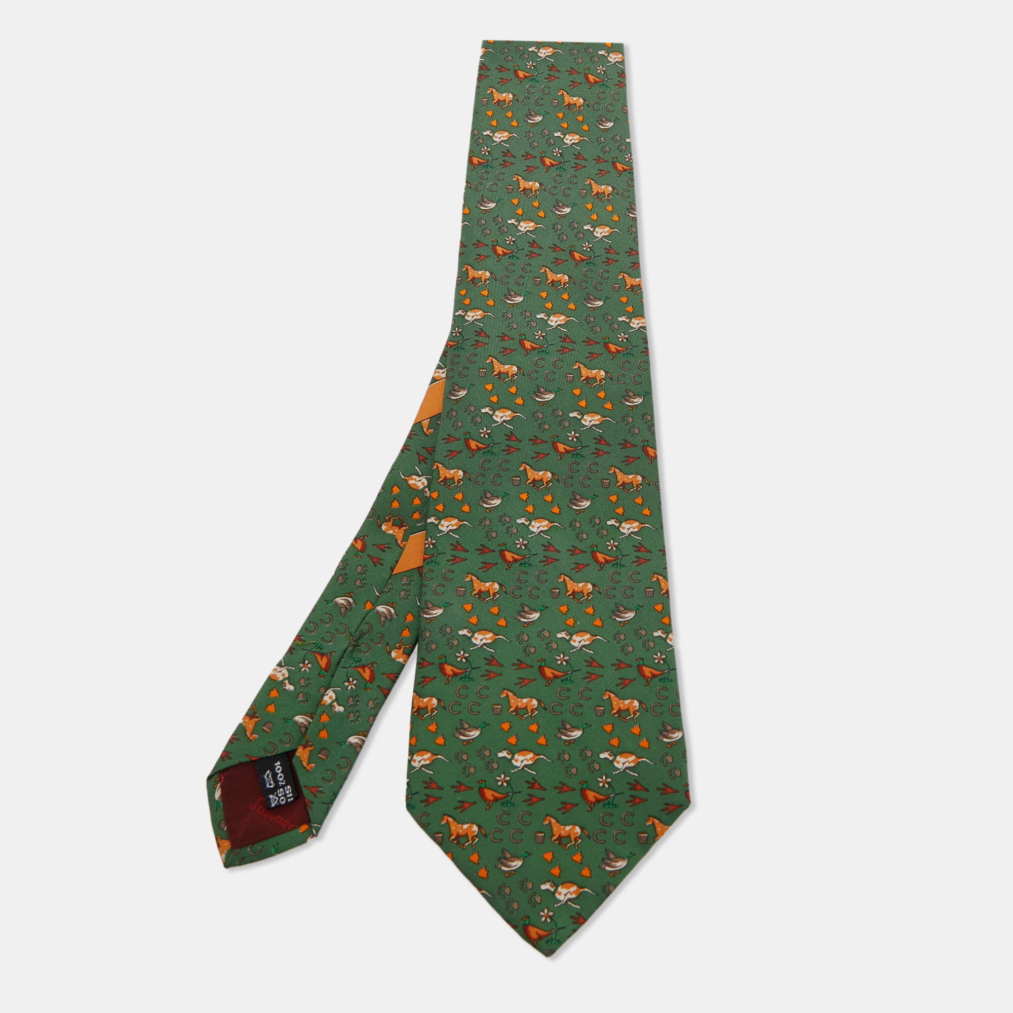Pre Owned Salvatore Ferragamo Green Animal Print Silk Traditional Tie