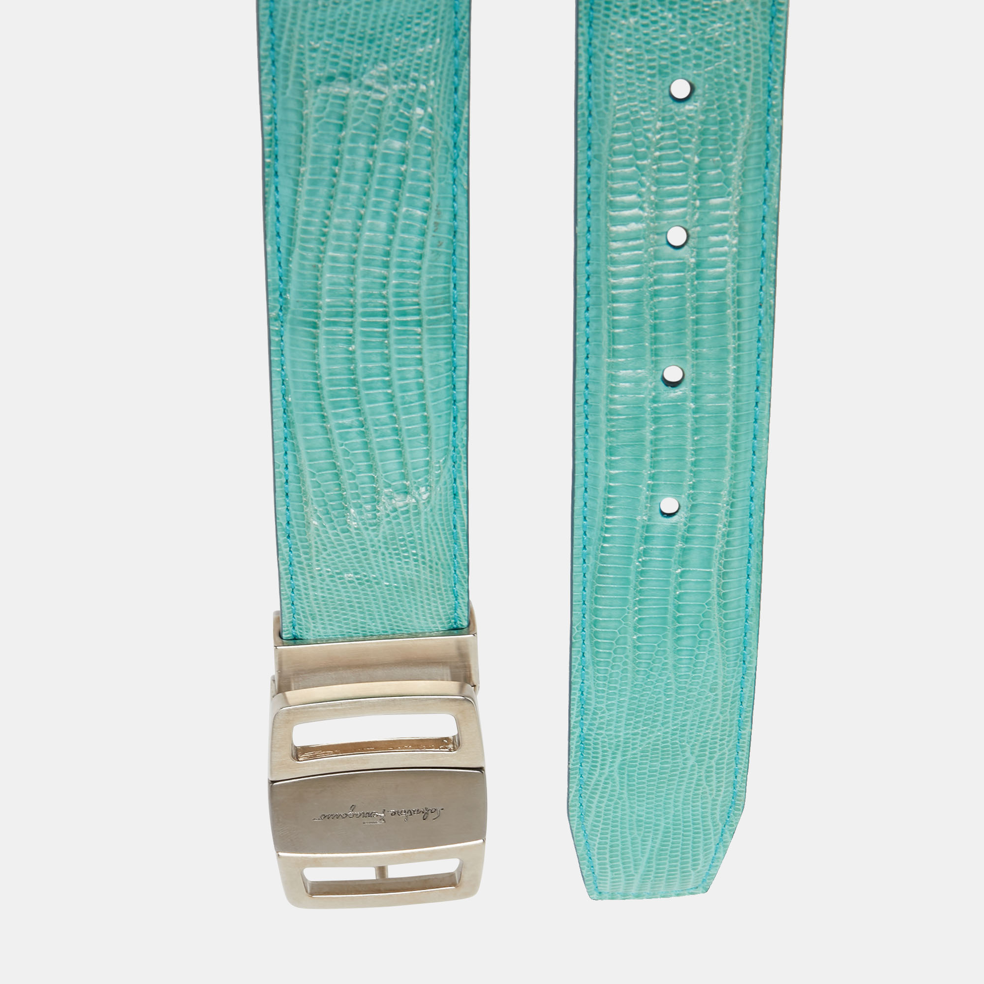 

Salvatore Ferragamo Aqua Green Lizard Buckle Belt