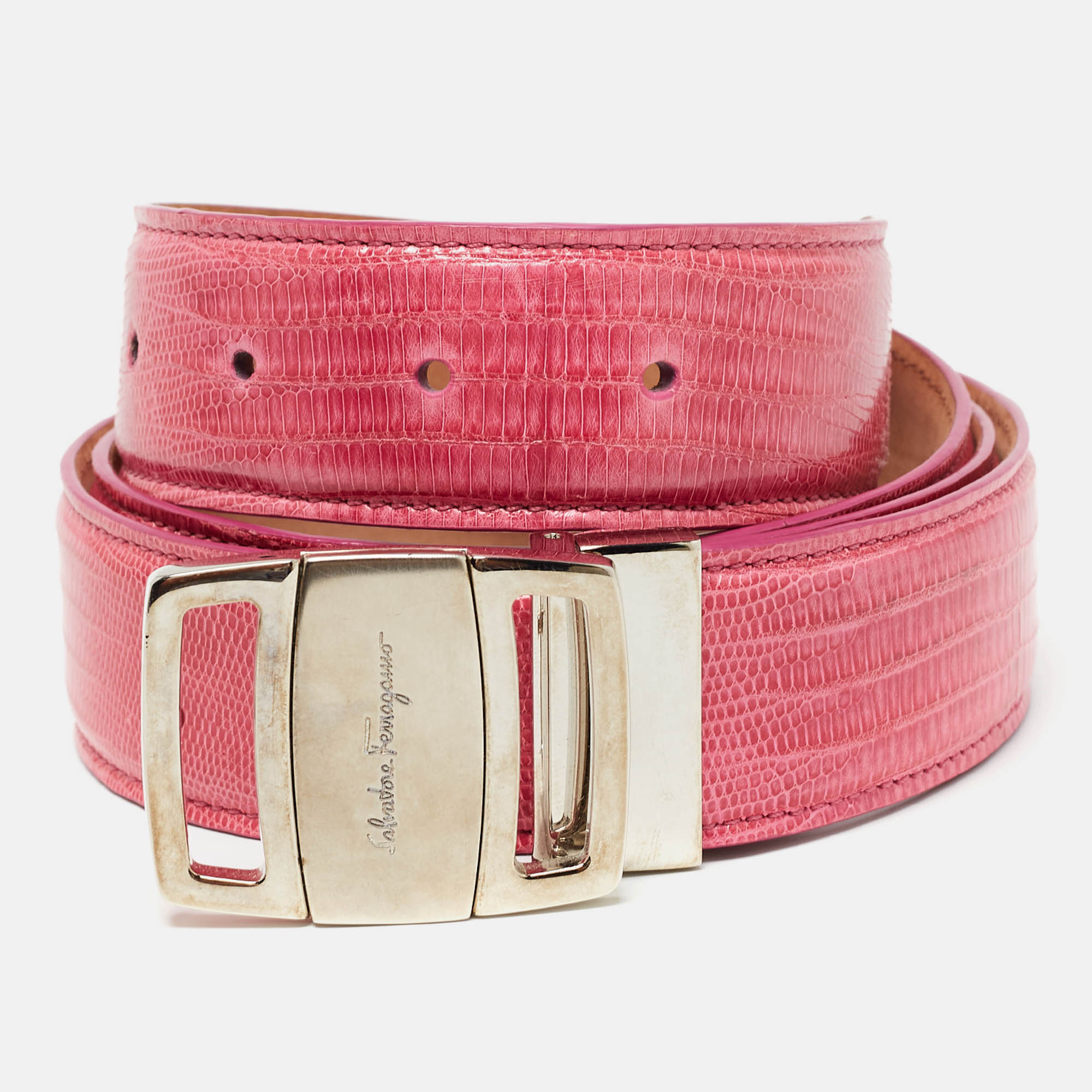 Salvatore Ferragamo Pink Lizard Adjustable Buckle Belt 105CM