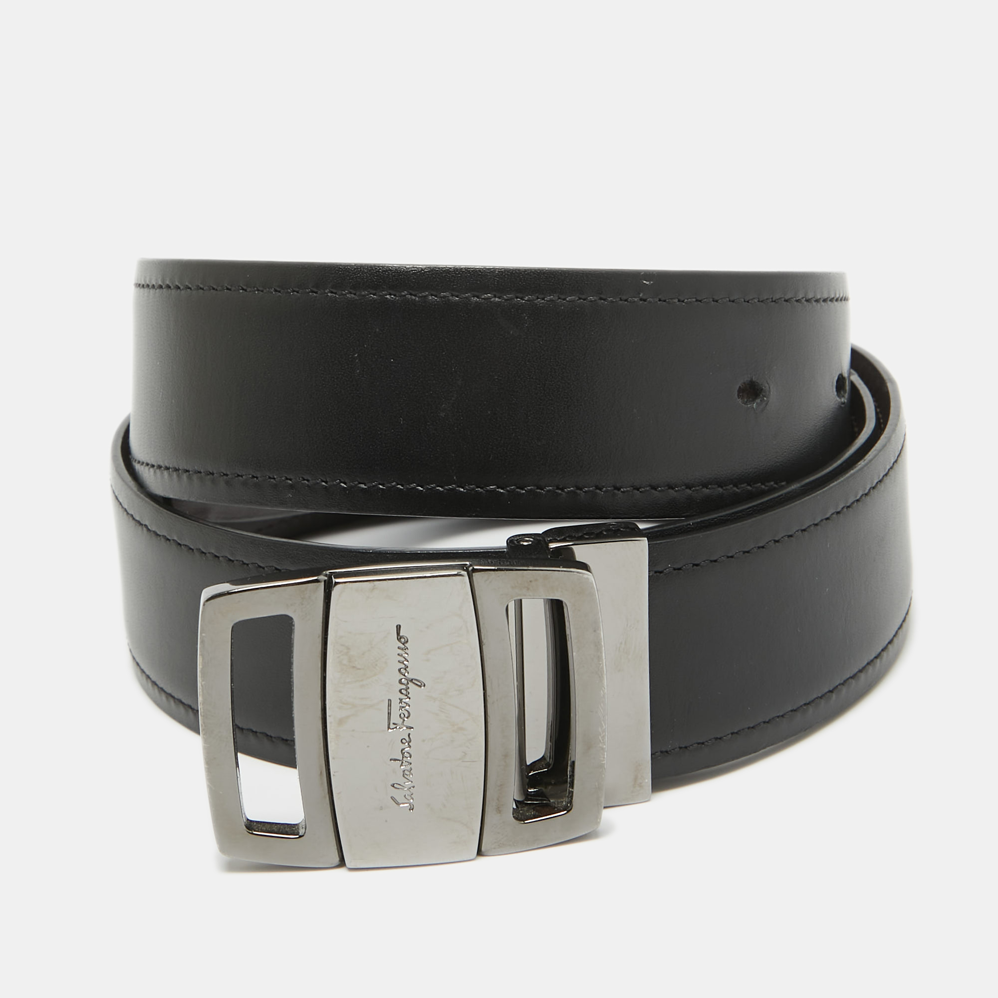 

Salvatore Ferragamo Black/Dark Brown Leather Cut to Size Buckle Belt