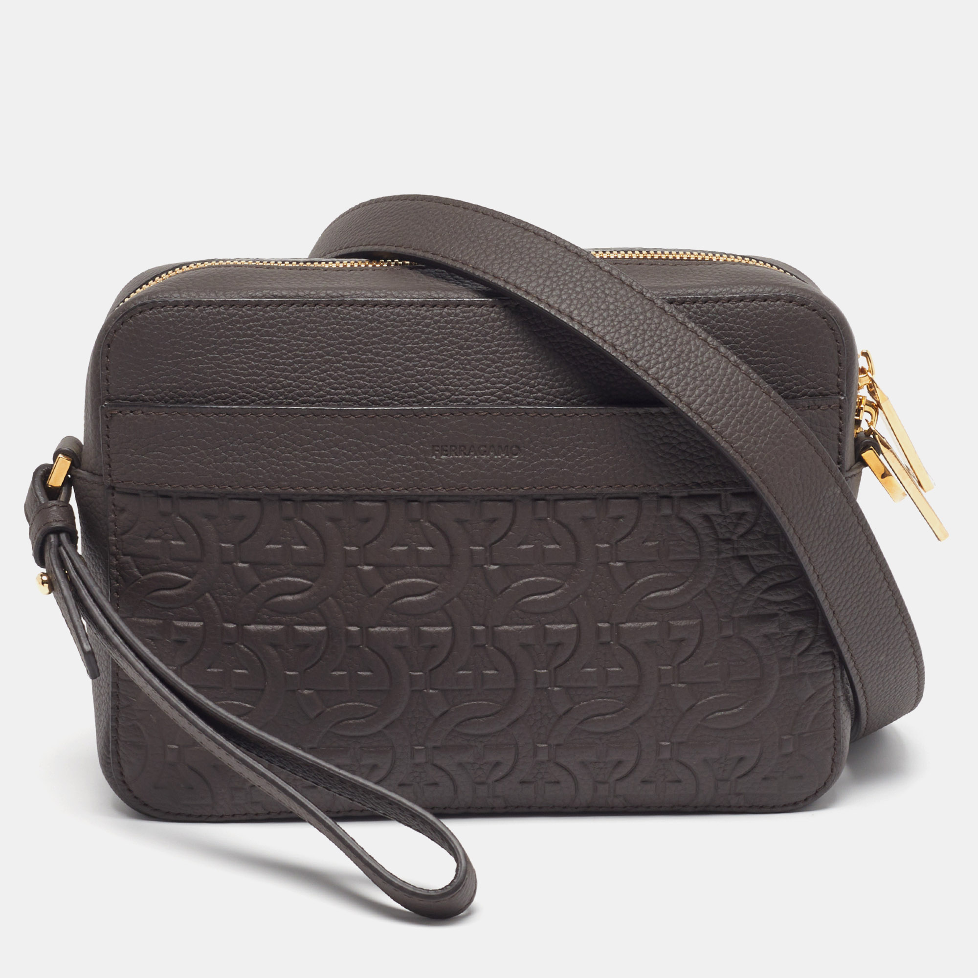 

Salvatore Ferragamo Logo Dark Brown Embossed Leather Crossbody Bag