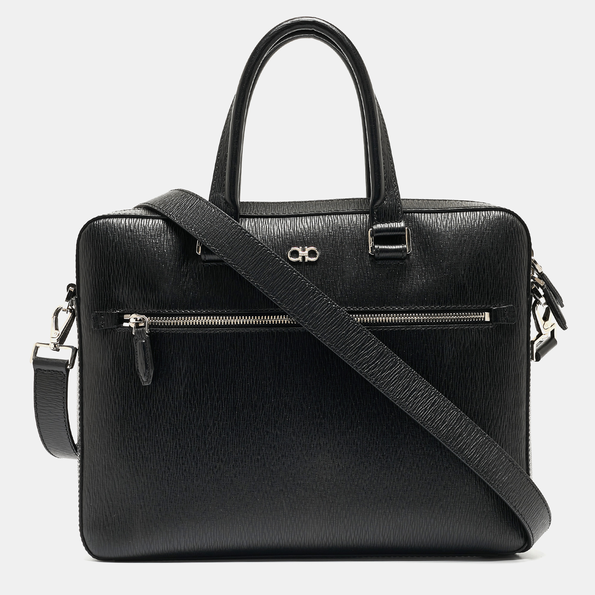 Pre-owned Ferragamo Black Leather Gancini Business Bag