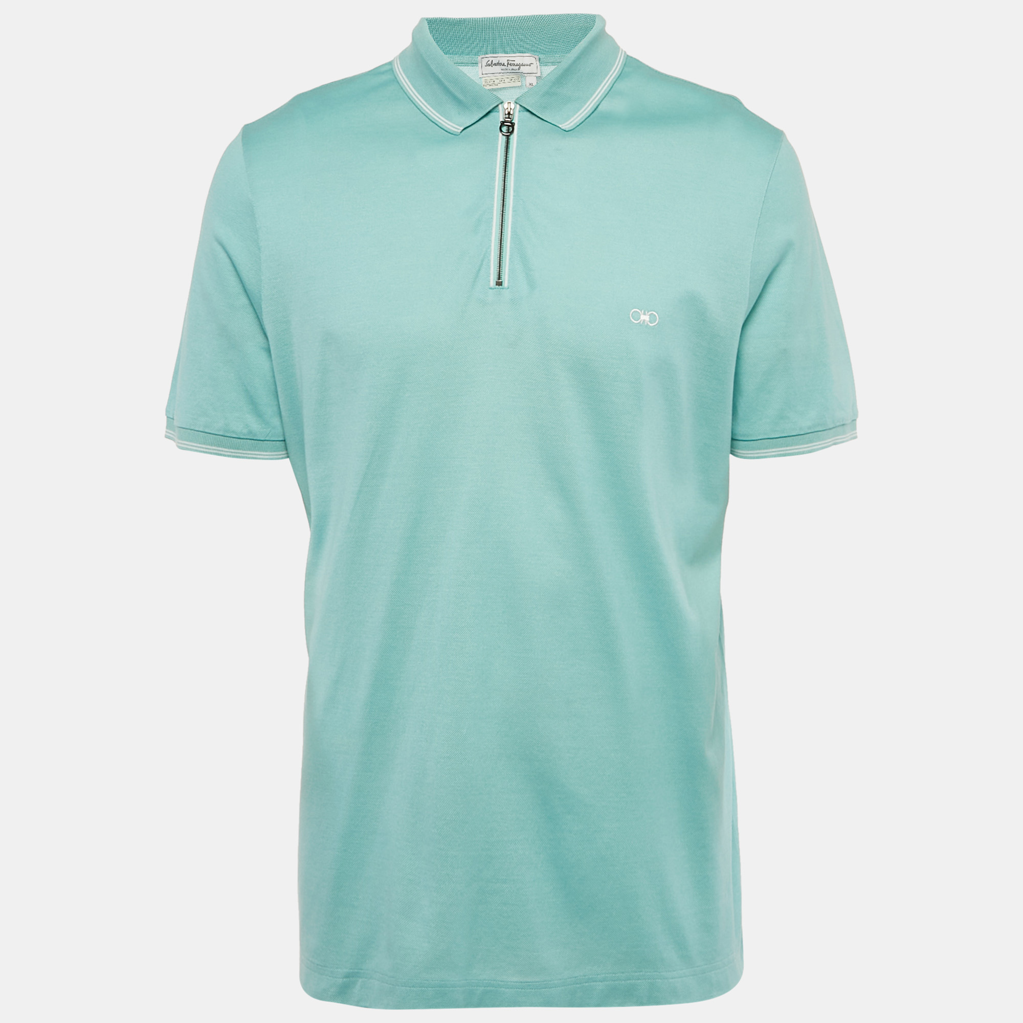 Salvatore Ferragamo Turquoise Cotton Zip -Up Polo T-Shirt XL