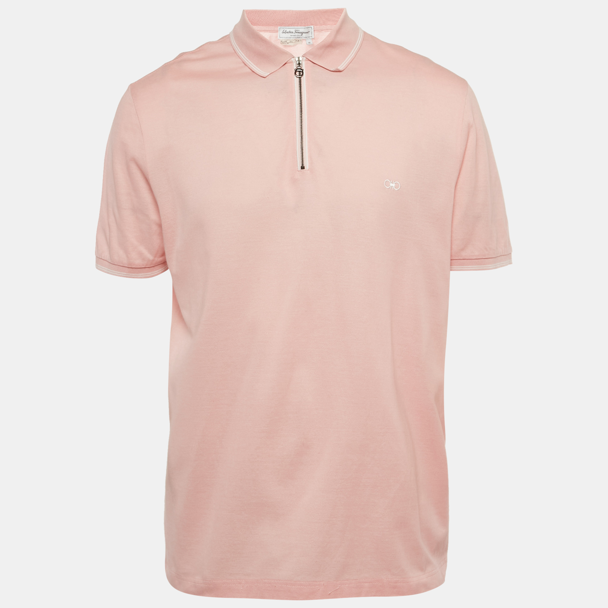 Salvatore Ferragamo Pink Cotton Zip Detail Polo T-shirt XL