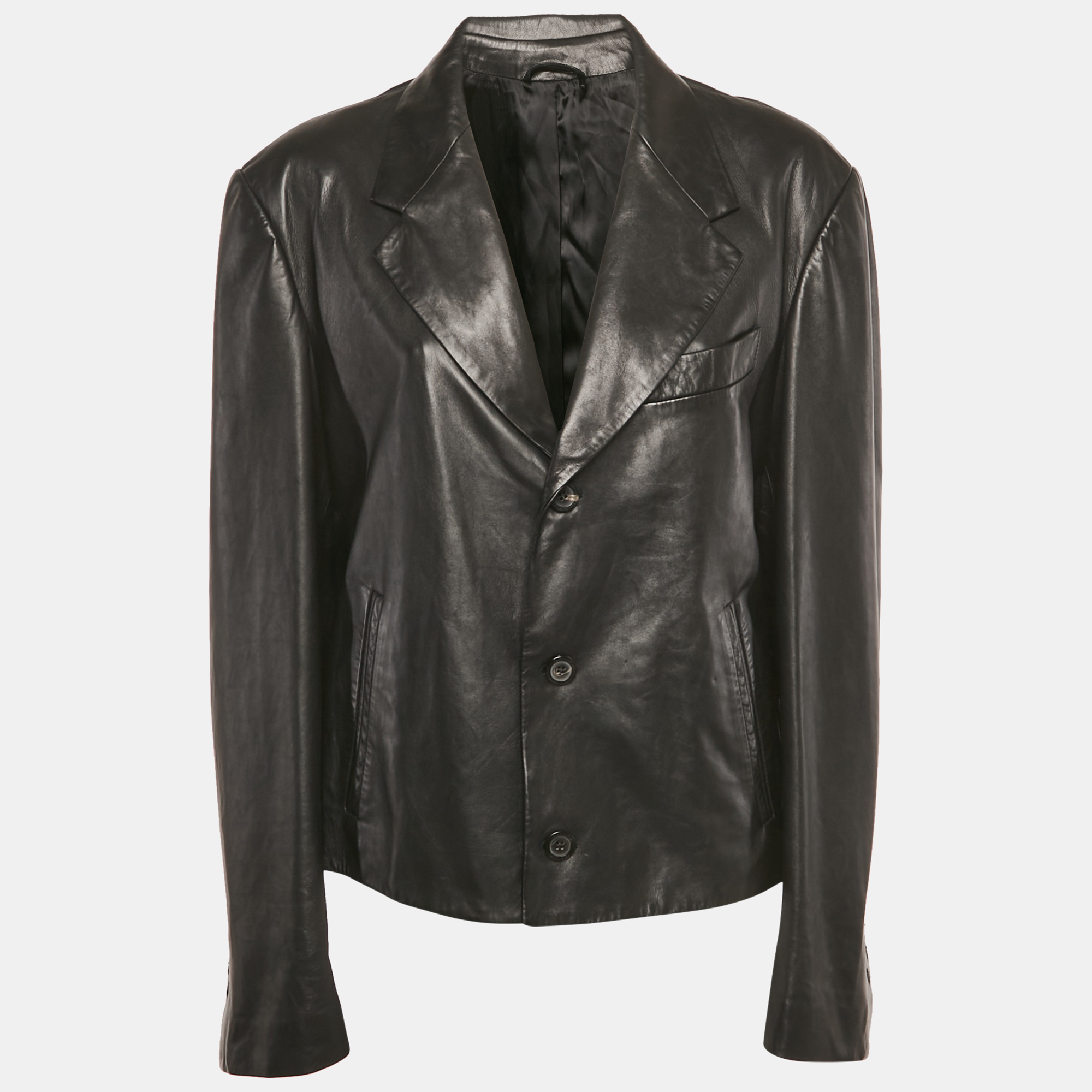 

Salvatore Ferragamo Black Leather Slim-Cut Single Breasted Blazer XL