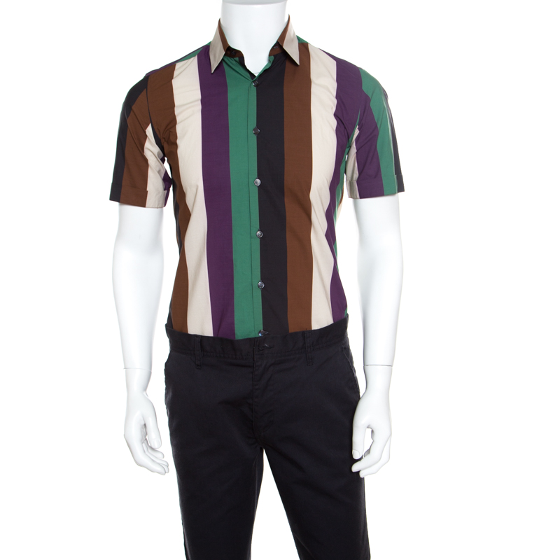 Pre Owned Salvatore Ferragamo Multicolor Wide Striped Cotton Short Sleeve Shirt S