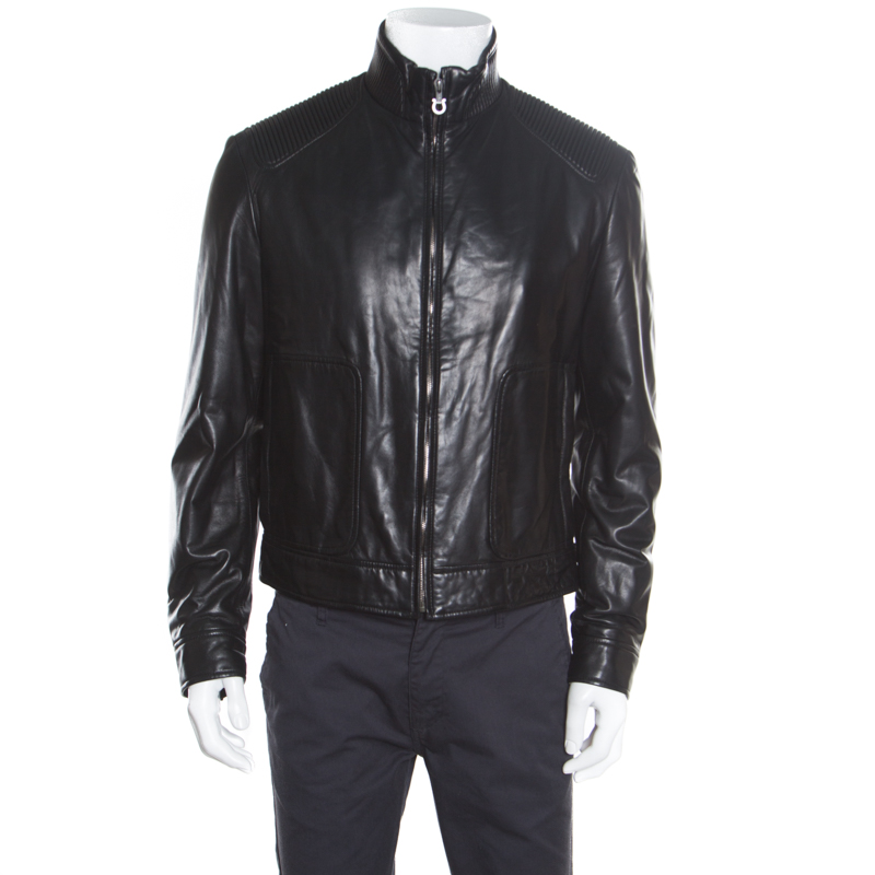 Salvatore Ferragamo Black Leather Quilted Shoulder Zip Front Jacket L