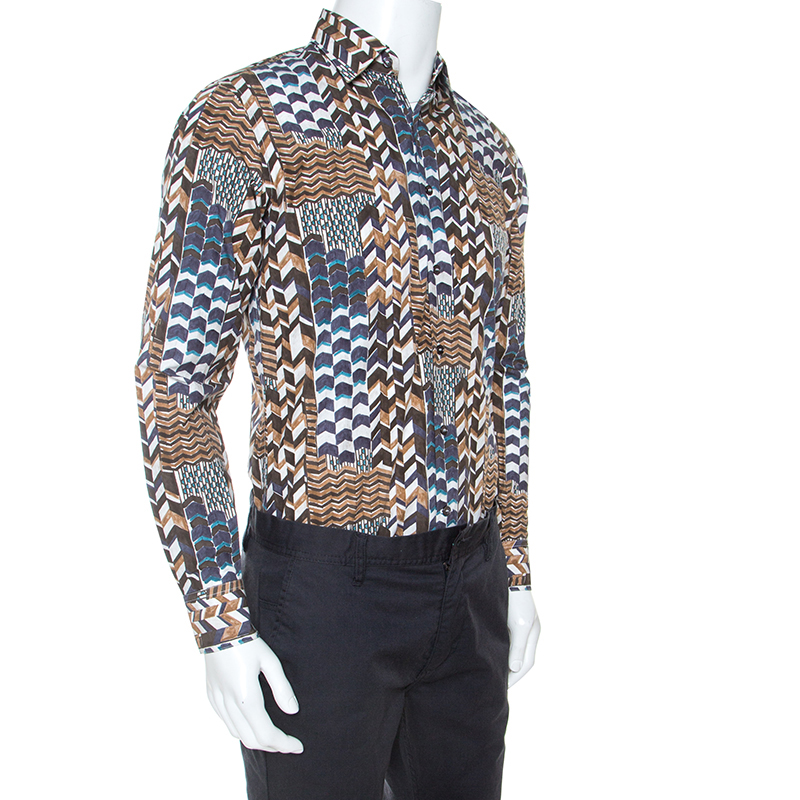 

Salvatore Ferragamo Brown Geometric Print Cotton Derby Fit Shirt