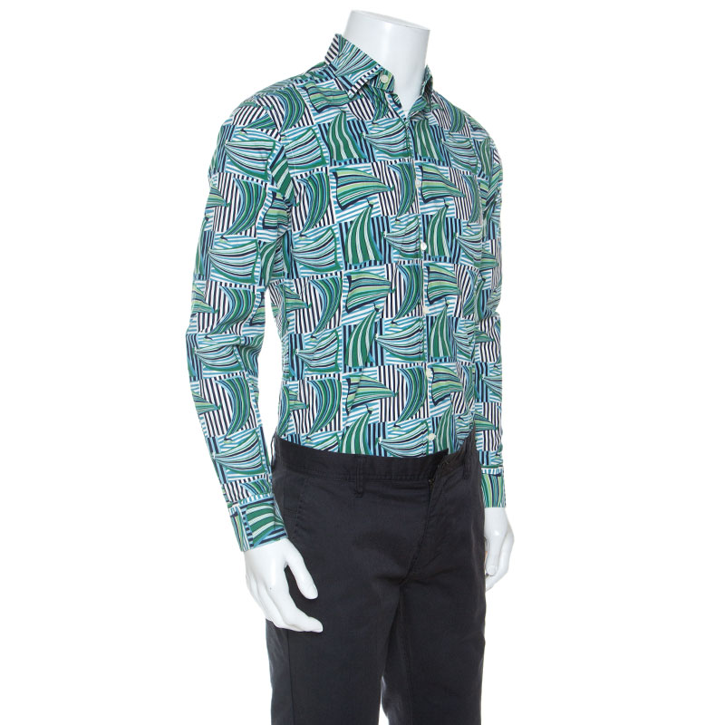 

Salvatore Ferragamo Blue and Green Sailboat Print Cotton Long Sleeve Shirt, Multicolor