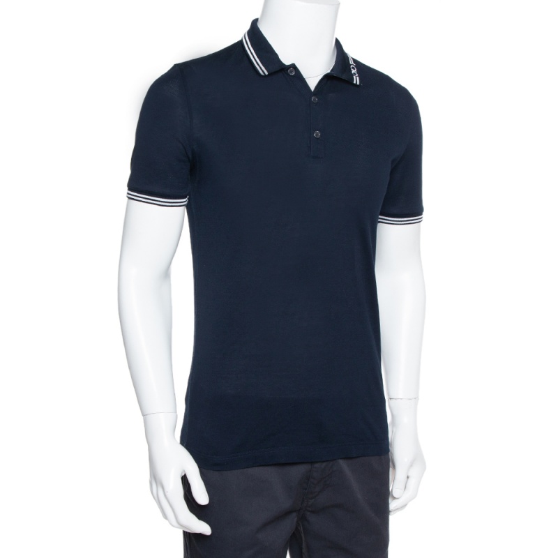 

Salvatore Ferragamo Navy Blue Cotton Pique Contrast Stripe Detail Polo T-Shirt