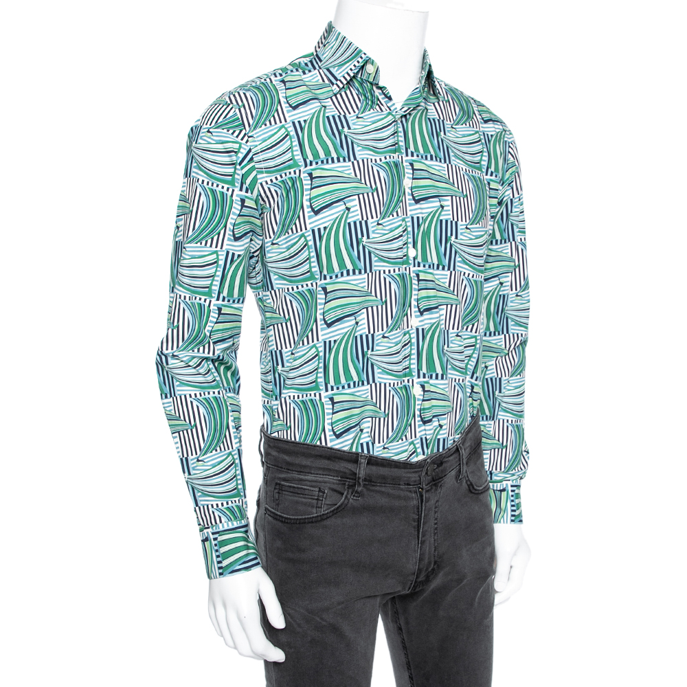 

Salvatore Ferragamo Blue-Green Sailboat Print Cotton Long Sleeve Shirt