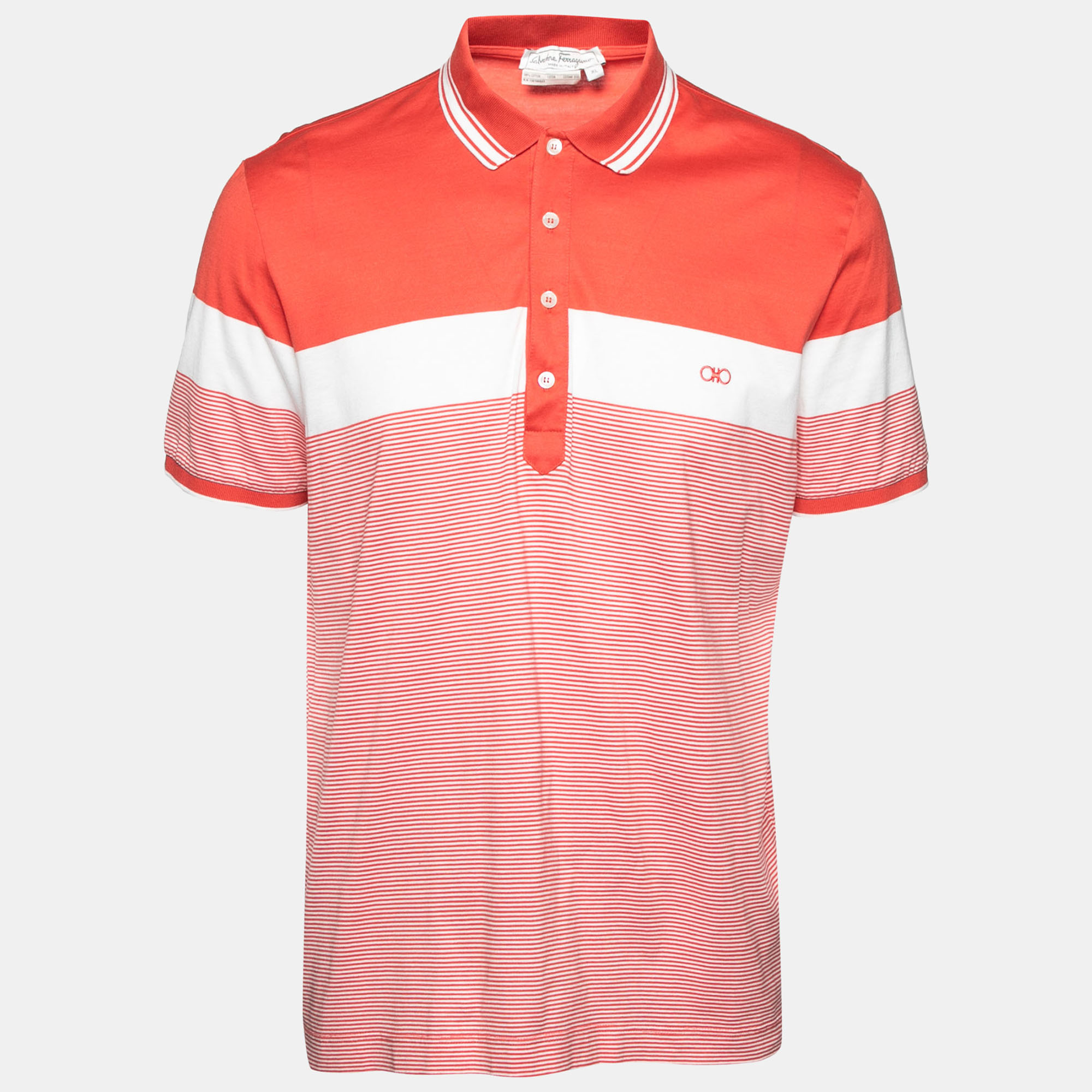 Pre-owned Salvatore Ferragamo Coral Stripe Polo T-shirt Xl In Orange