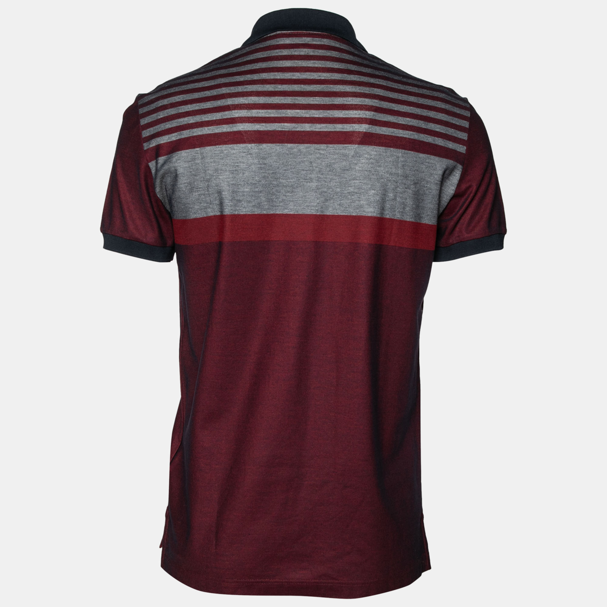 

Salvatore Ferragamo Grey and Burgundy Striped Logo Embroidered Polo T-Shirt