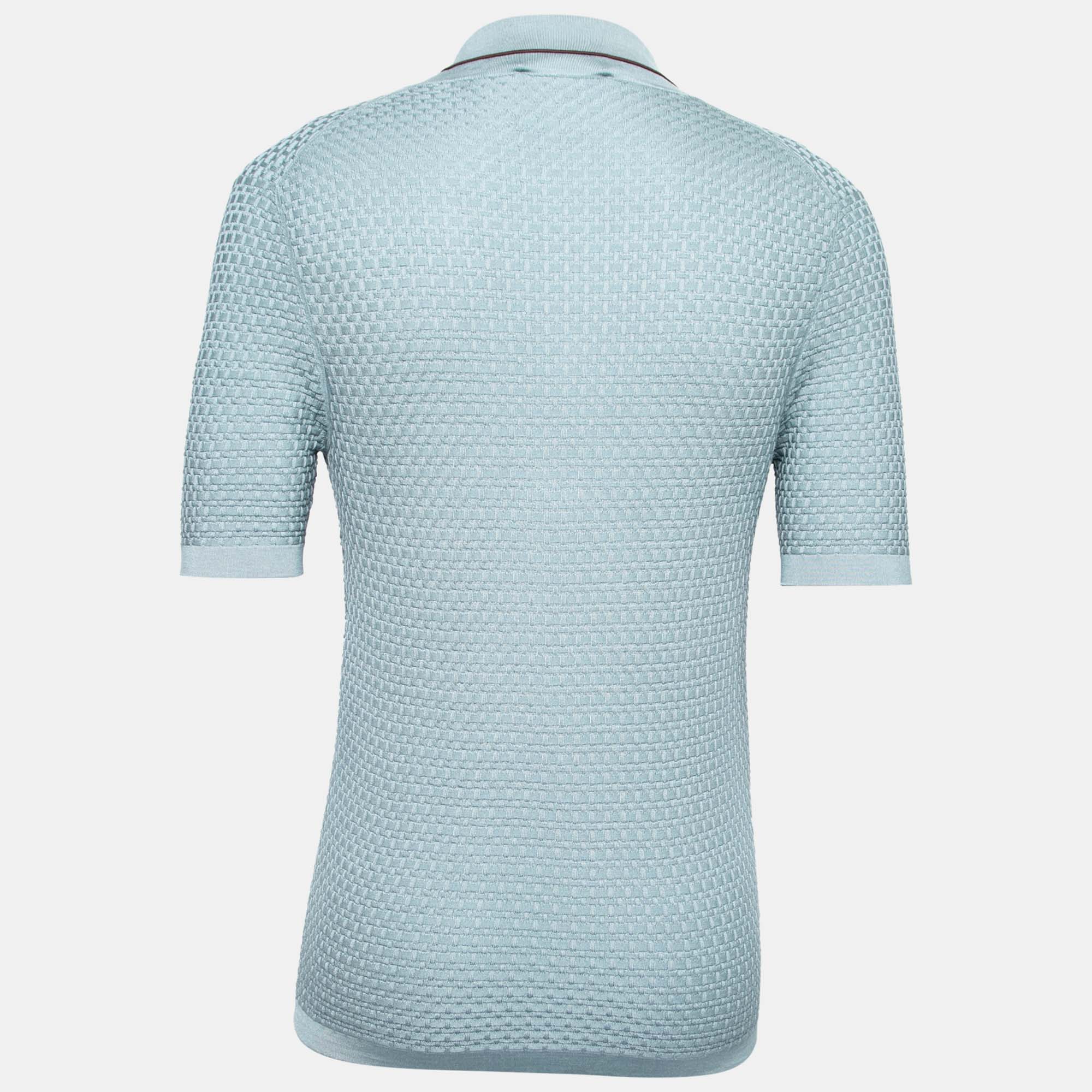 

Salvatore Ferragamo Blue Patterned Silk Knit Short Sleeve Polo T-Shirt