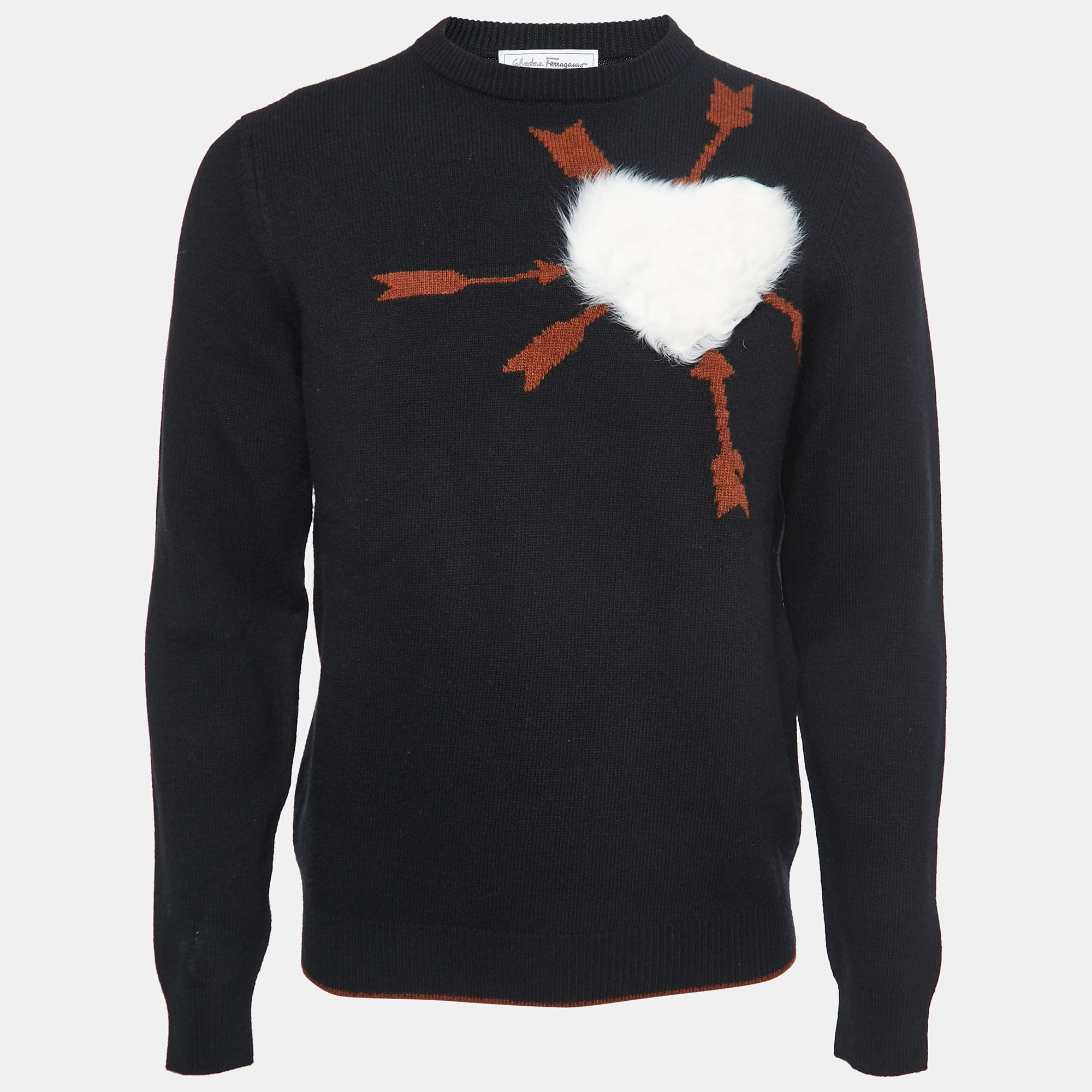Salvatore Ferragamo Black Wool Knit Fur Heart Sweater M